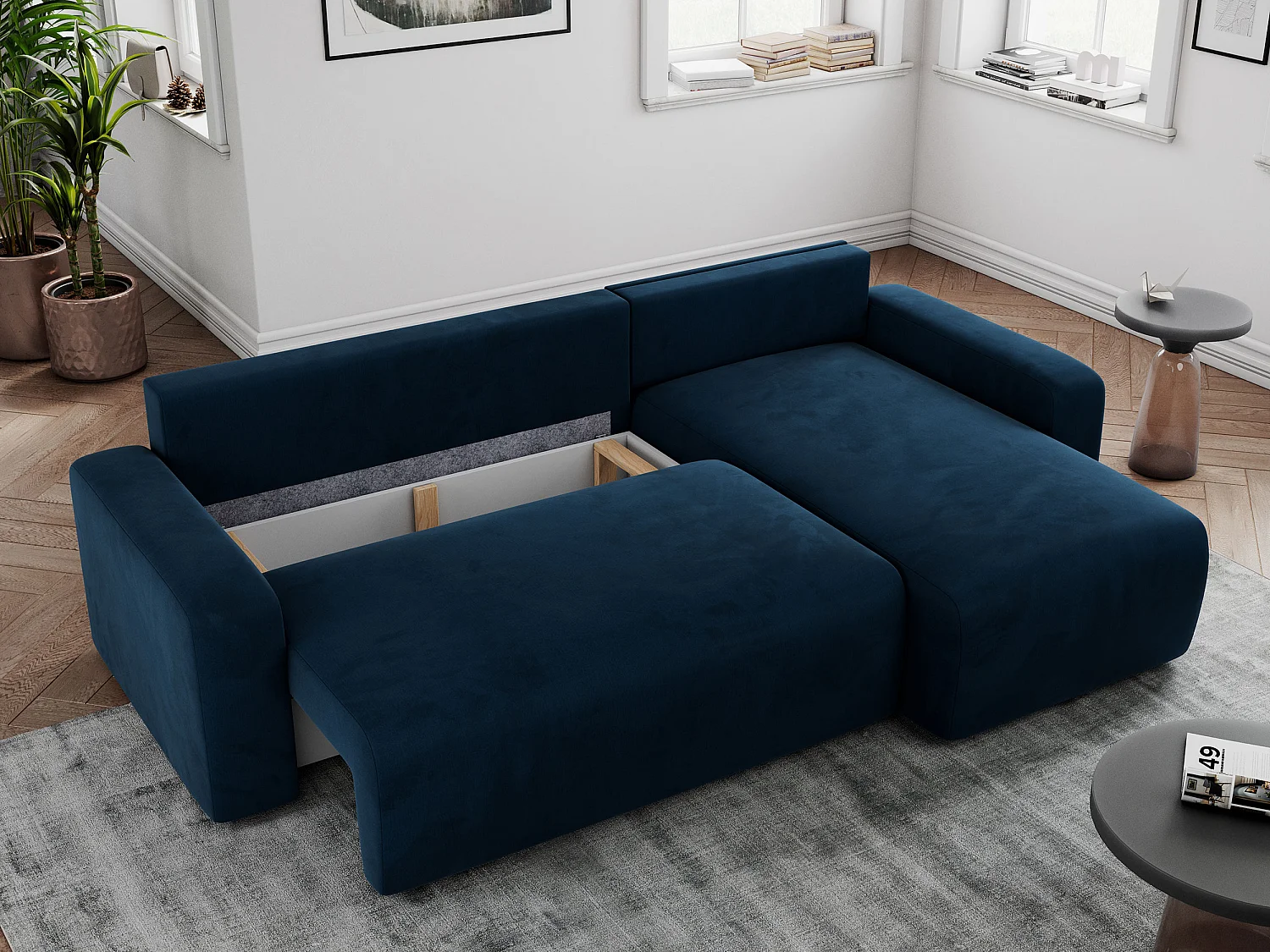 Ecksofa ARGOS - mit Schlaffunktion, Sofa mit armlehnen, Bettkasten, 3-Sitzer Sofa - Dunkelblau Velvet