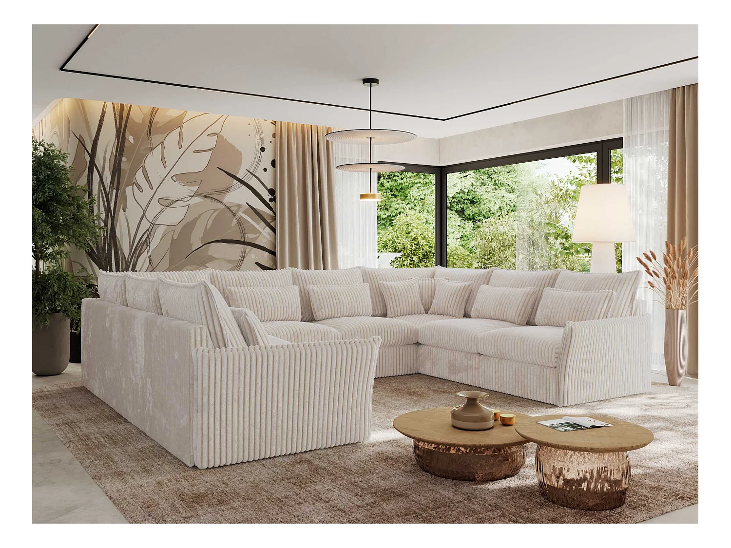 Ecksofa VERSO U8M - modulare U-förmige Ecke mit Armlehnen, Wohnlandschaft, Ecksofa XXL, lose Kissen - Beige Cord