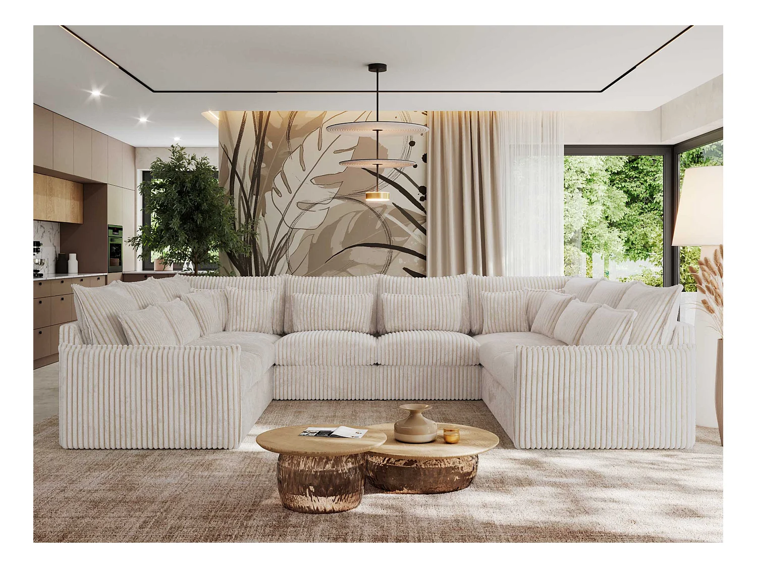 Ecksofa VERSO U8M - modulare U-förmige Ecke mit Armlehnen, Wohnlandschaft, Ecksofa XXL, lose Kissen - Beige Cord