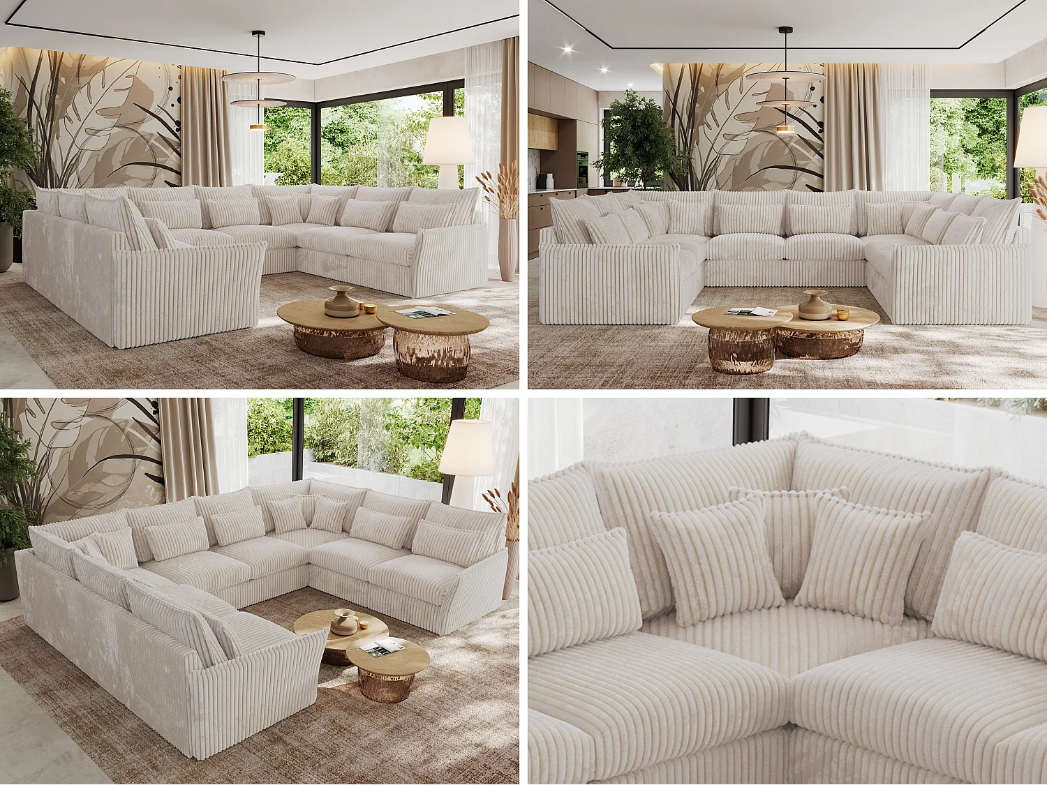 Ecksofa VERSO U8M - modulare U-förmige Ecke mit Armlehnen, Wohnlandschaft, Ecksofa XXL, lose Kissen - Beige Cord
