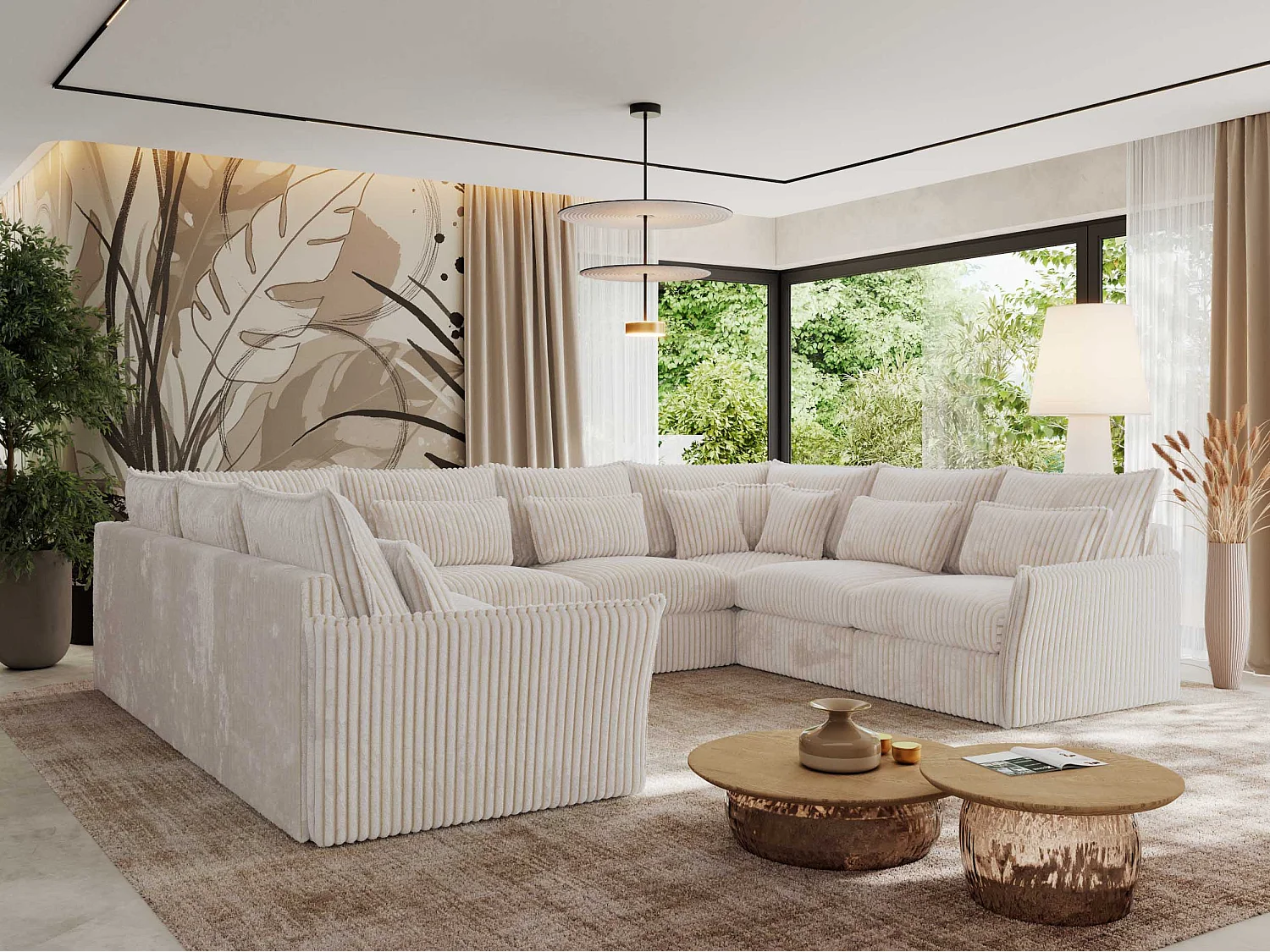 Ecksofa VERSO U8M - modulare U-förmige Ecke mit Armlehnen, Wohnlandschaft, Ecksofa XXL, lose Kissen - Beige Cord