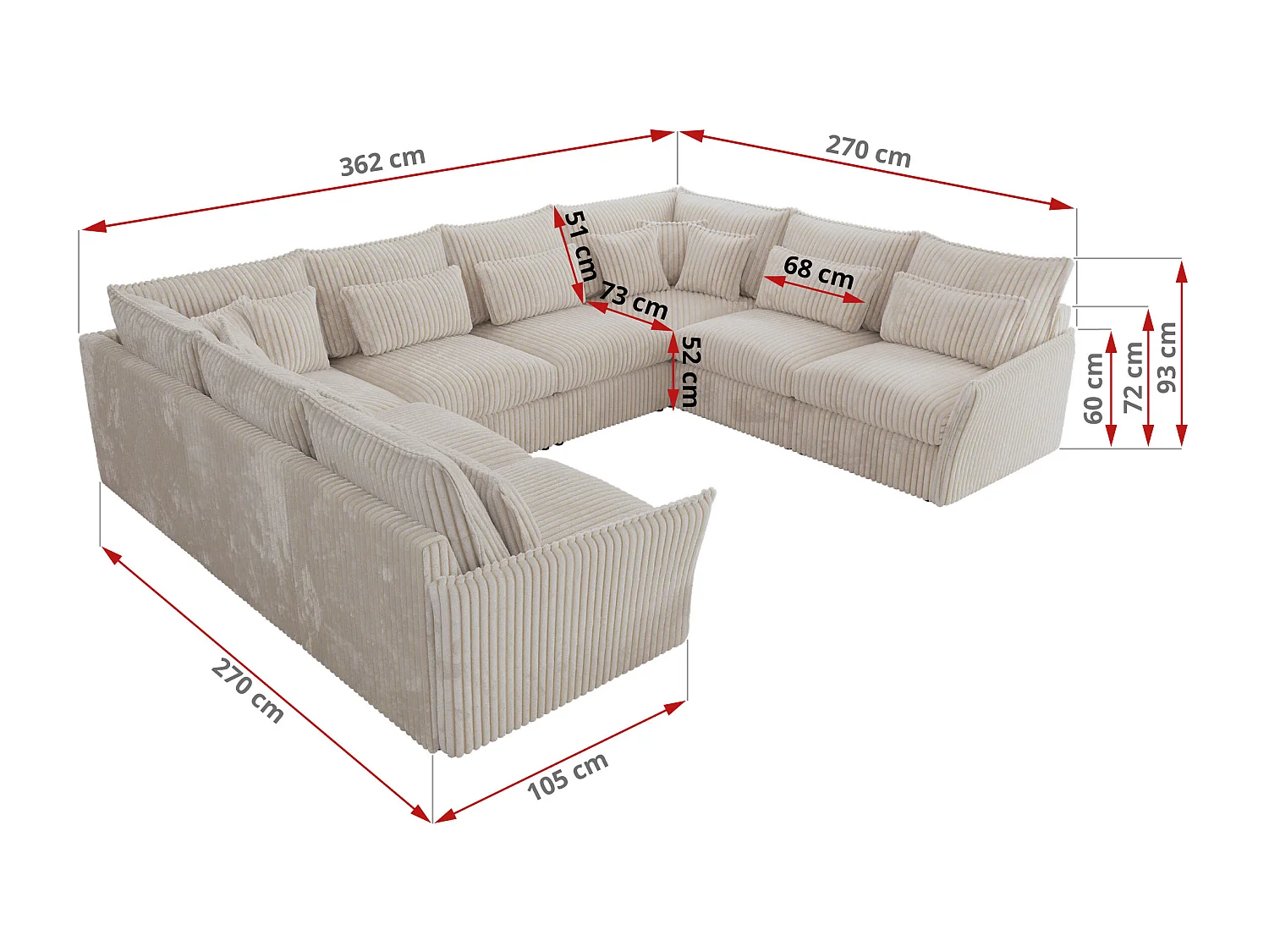 Ecksofa VERSO U8M - modulare U-förmige Ecke mit Armlehnen, Wohnlandschaft, Ecksofa XXL, lose Kissen - Beige Cord