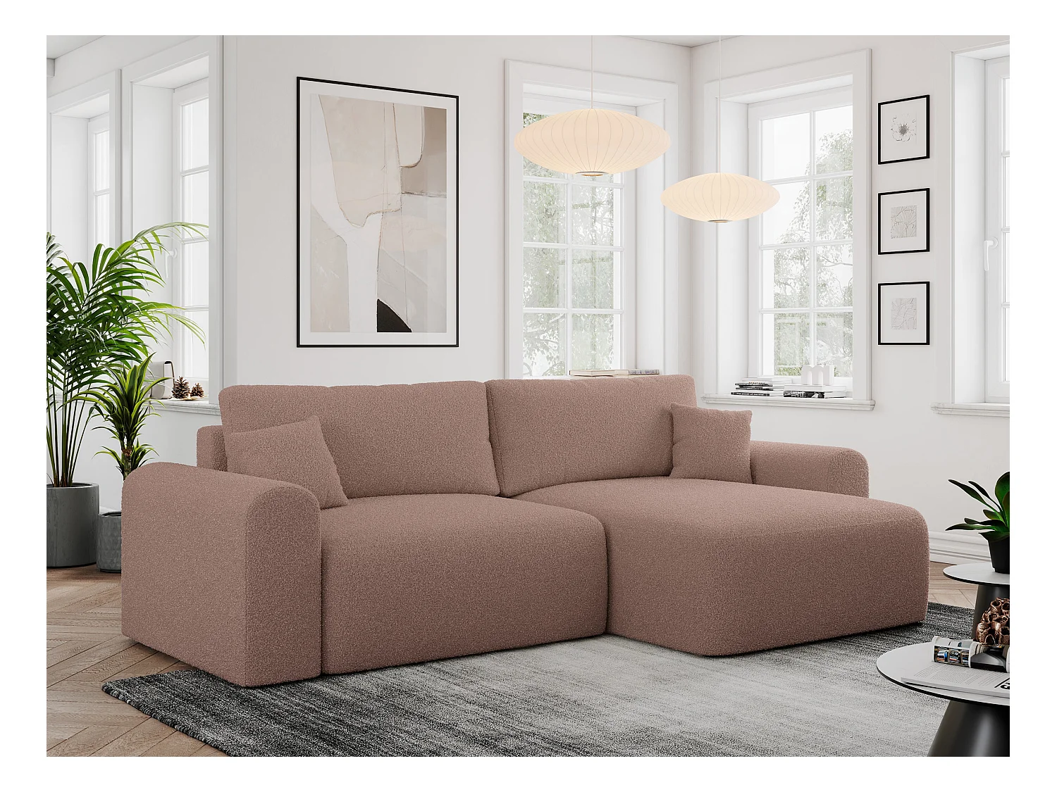 Ecksofa NELSON - Schlafcouch mit Armlehnen und Bettkasten, universelles L-förmige Ecksofa - Rosa Boucle