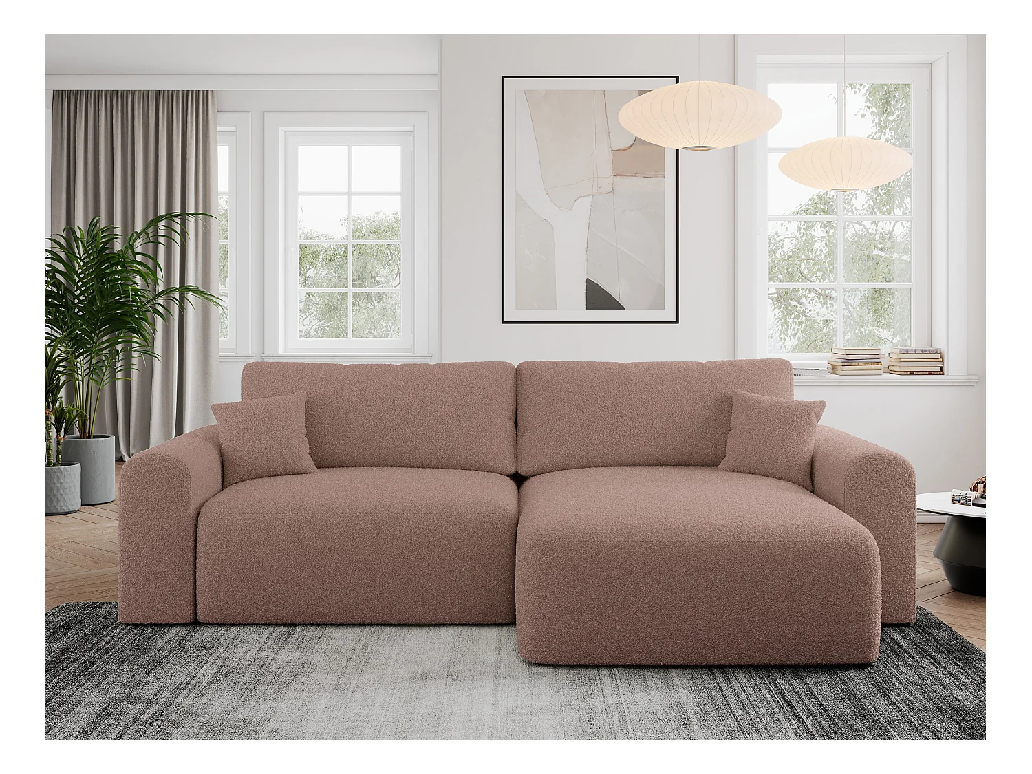 Ecksofa NELSON - Schlafcouch mit Armlehnen und Bettkasten, universelles L-förmige Ecksofa - Rosa Boucle