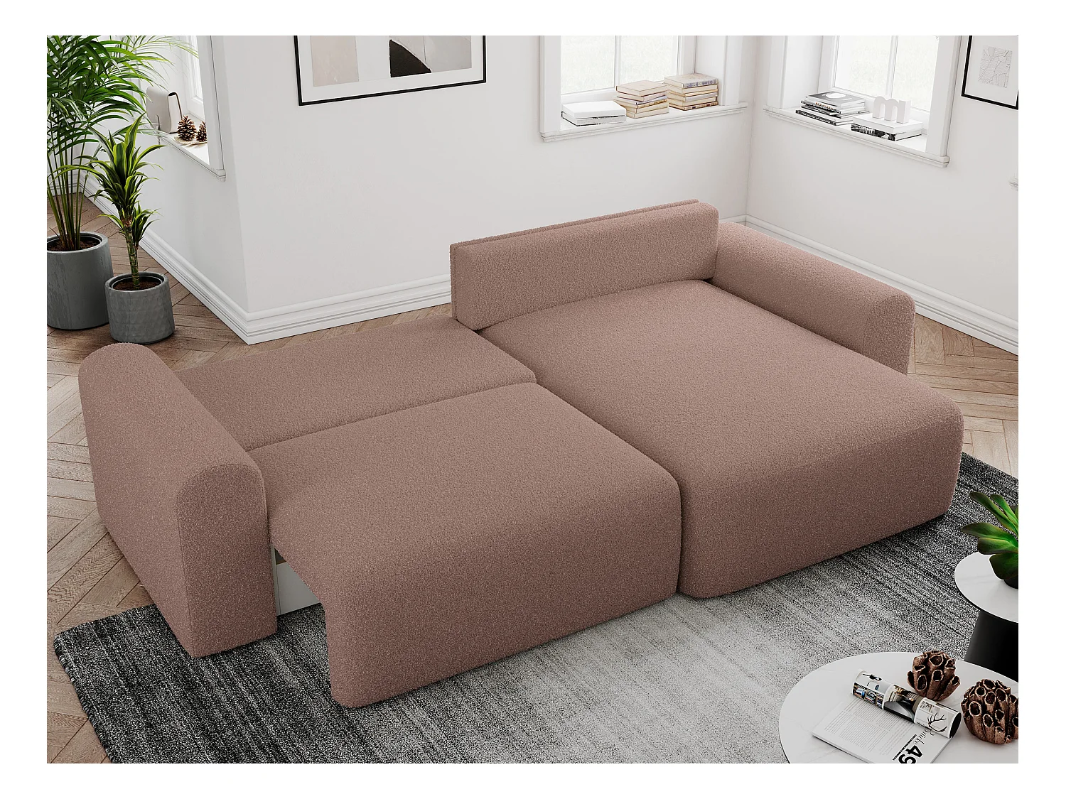 Ecksofa NELSON - Schlafcouch mit Armlehnen und Bettkasten, universelles L-förmige Ecksofa - Rosa Boucle