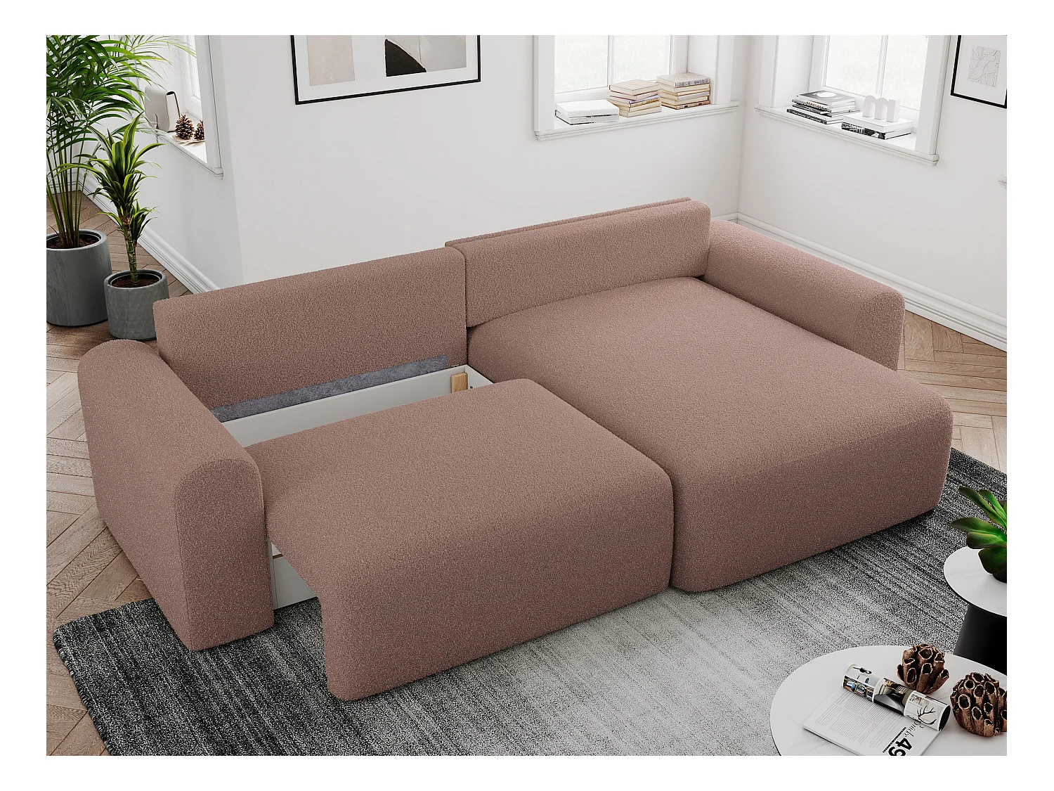 Ecksofa NELSON - Schlafcouch mit Armlehnen und Bettkasten, universelles L-förmige Ecksofa - Rosa Boucle