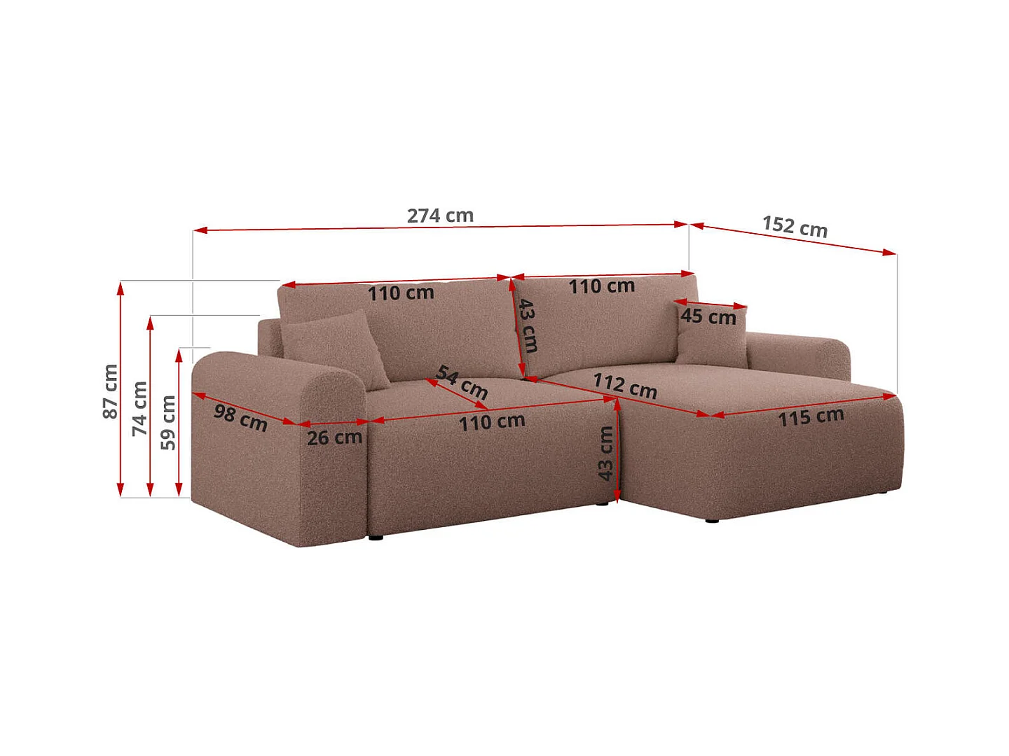 Ecksofa NELSON - Schlafcouch mit Armlehnen und Bettkasten, universelles L-förmige Ecksofa - Rosa Boucle