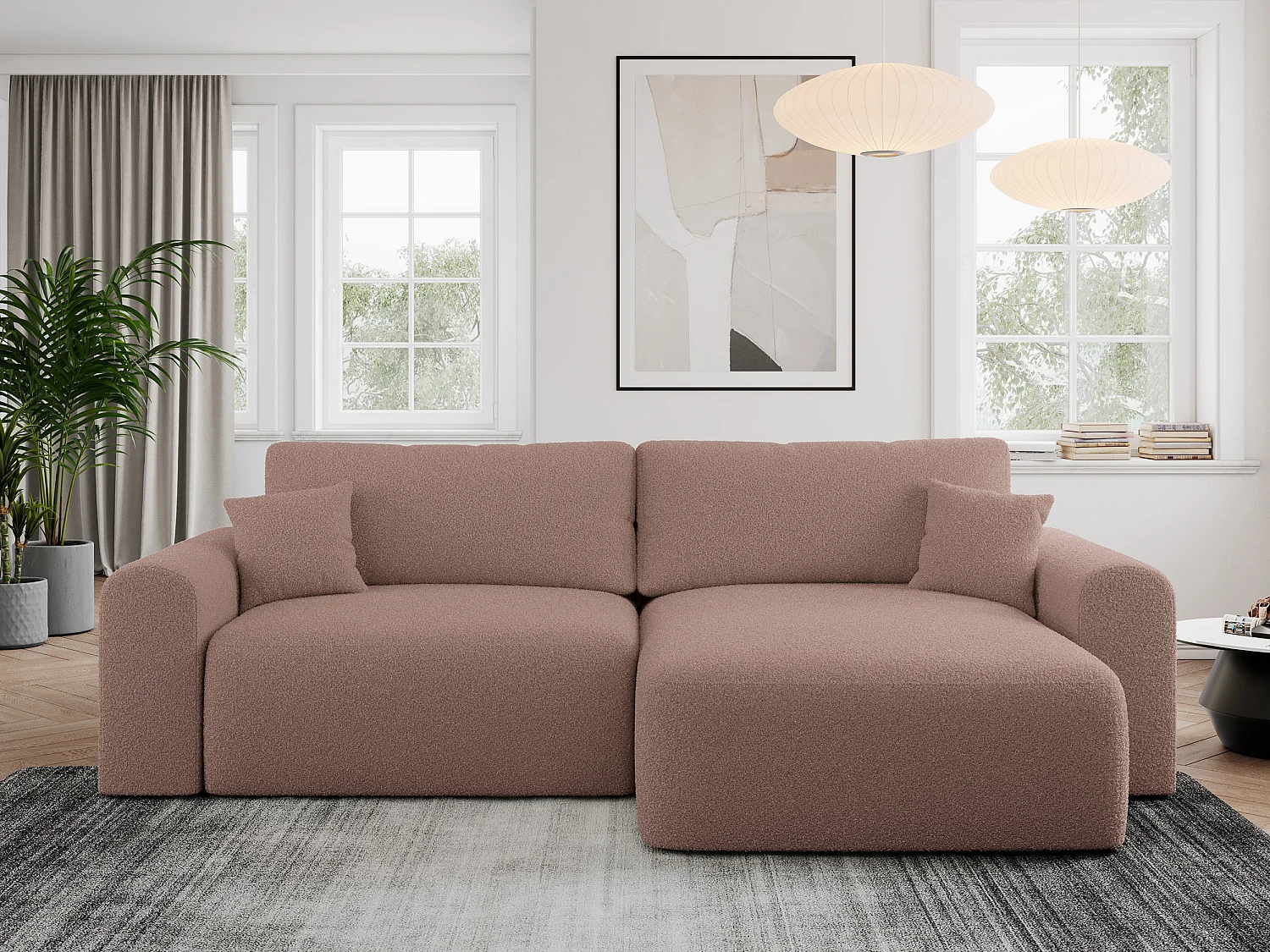 Ecksofa NELSON - Schlafcouch mit Armlehnen und Bettkasten, universelles L-förmige Ecksofa - Rosa Boucle