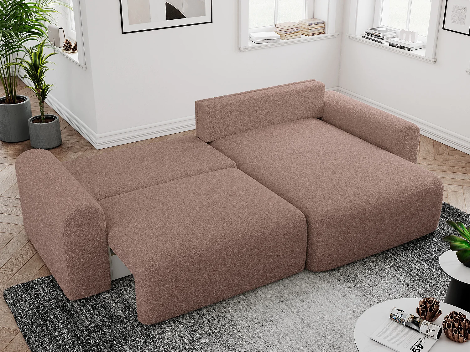 Ecksofa NELSON - Schlafcouch mit Armlehnen und Bettkasten, universelles L-förmige Ecksofa - Rosa Boucle