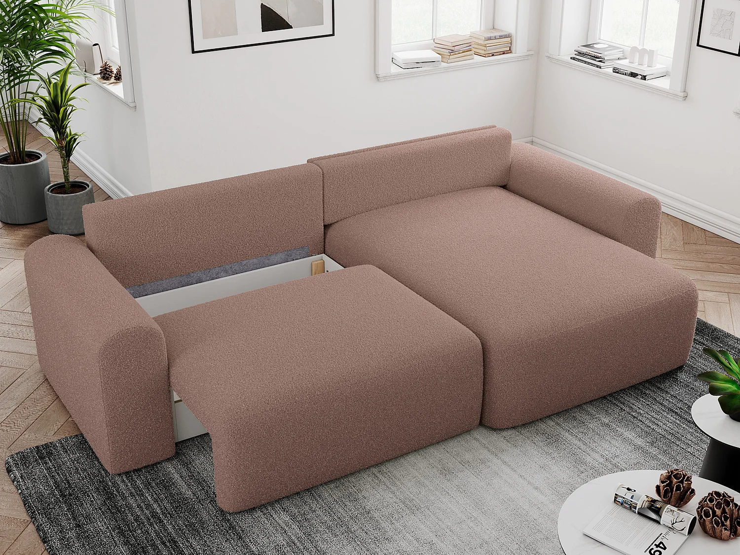 Ecksofa NELSON - Schlafcouch mit Armlehnen und Bettkasten, universelles L-förmige Ecksofa - Rosa Boucle