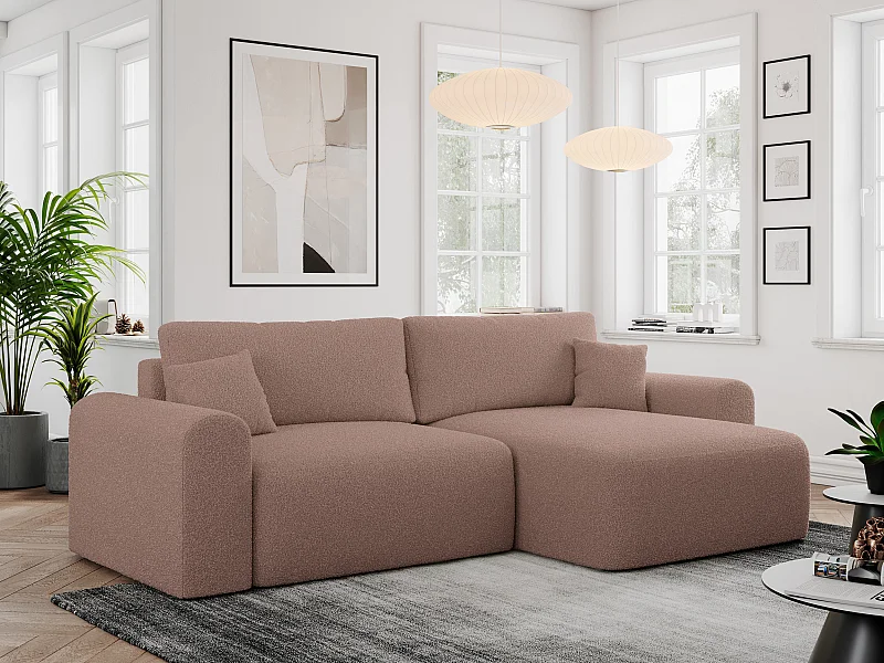 Ecksofa NELSON - Schlafcouch mit Armlehnen und Bettkasten, universelles L-förmige Ecksofa - Rosa Boucle