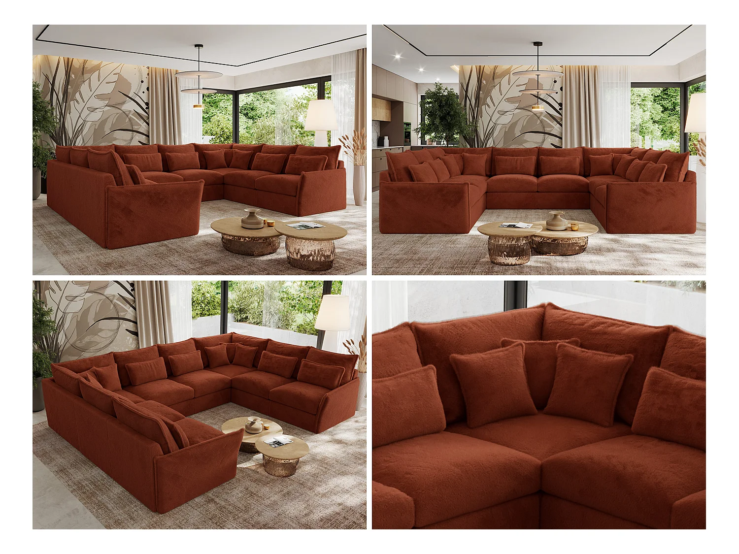 Ecksofa VERSO U8M - modulare U-förmige Ecke mit Armlehnen, Wohnlandschaft, Ecksofa XXL, lose Kissen - Orange Plüsch