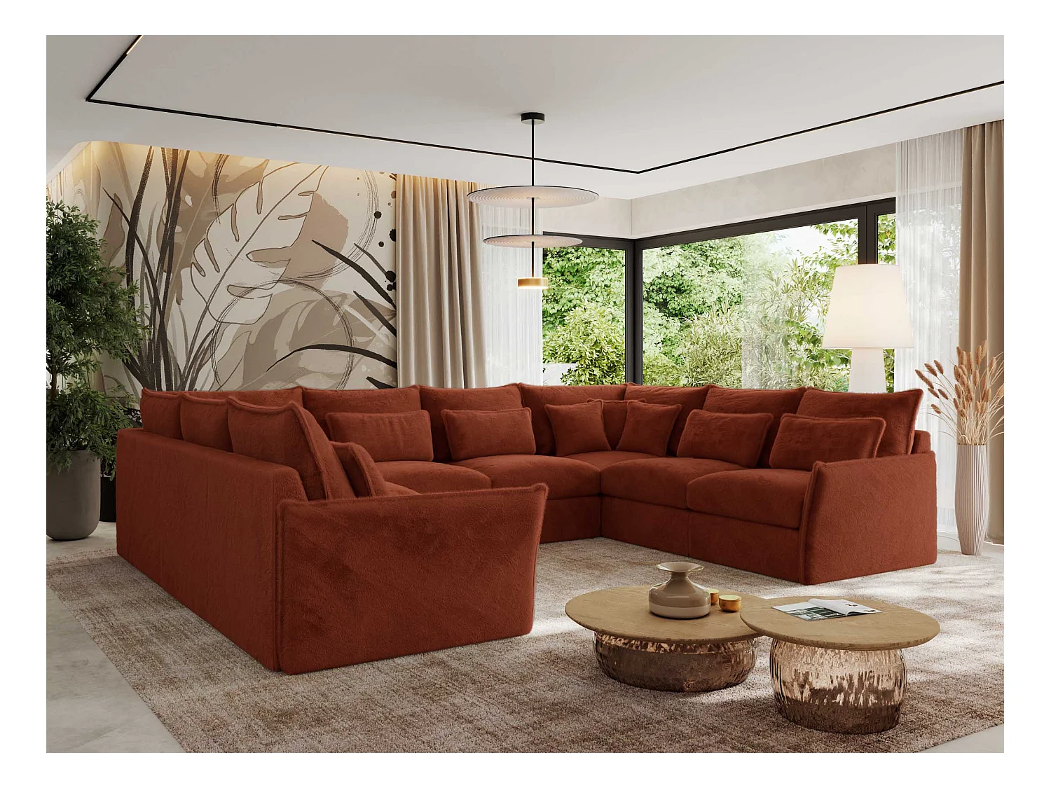 Ecksofa VERSO U8M - modulare U-förmige Ecke mit Armlehnen, Wohnlandschaft, Ecksofa XXL, lose Kissen - Orange Plüsch