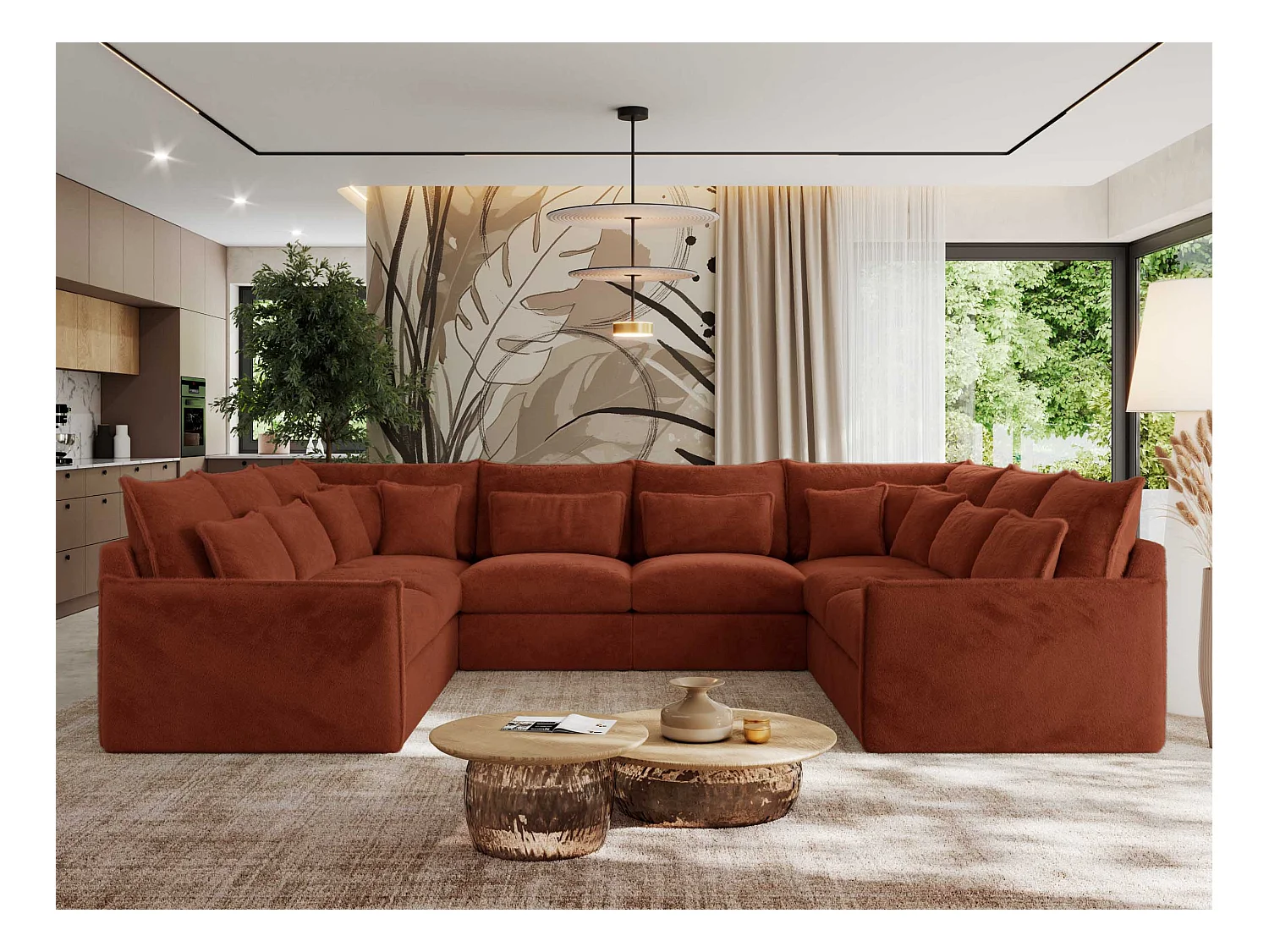 Ecksofa VERSO U8M - modulare U-förmige Ecke mit Armlehnen, Wohnlandschaft, Ecksofa XXL, lose Kissen - Orange Plüsch