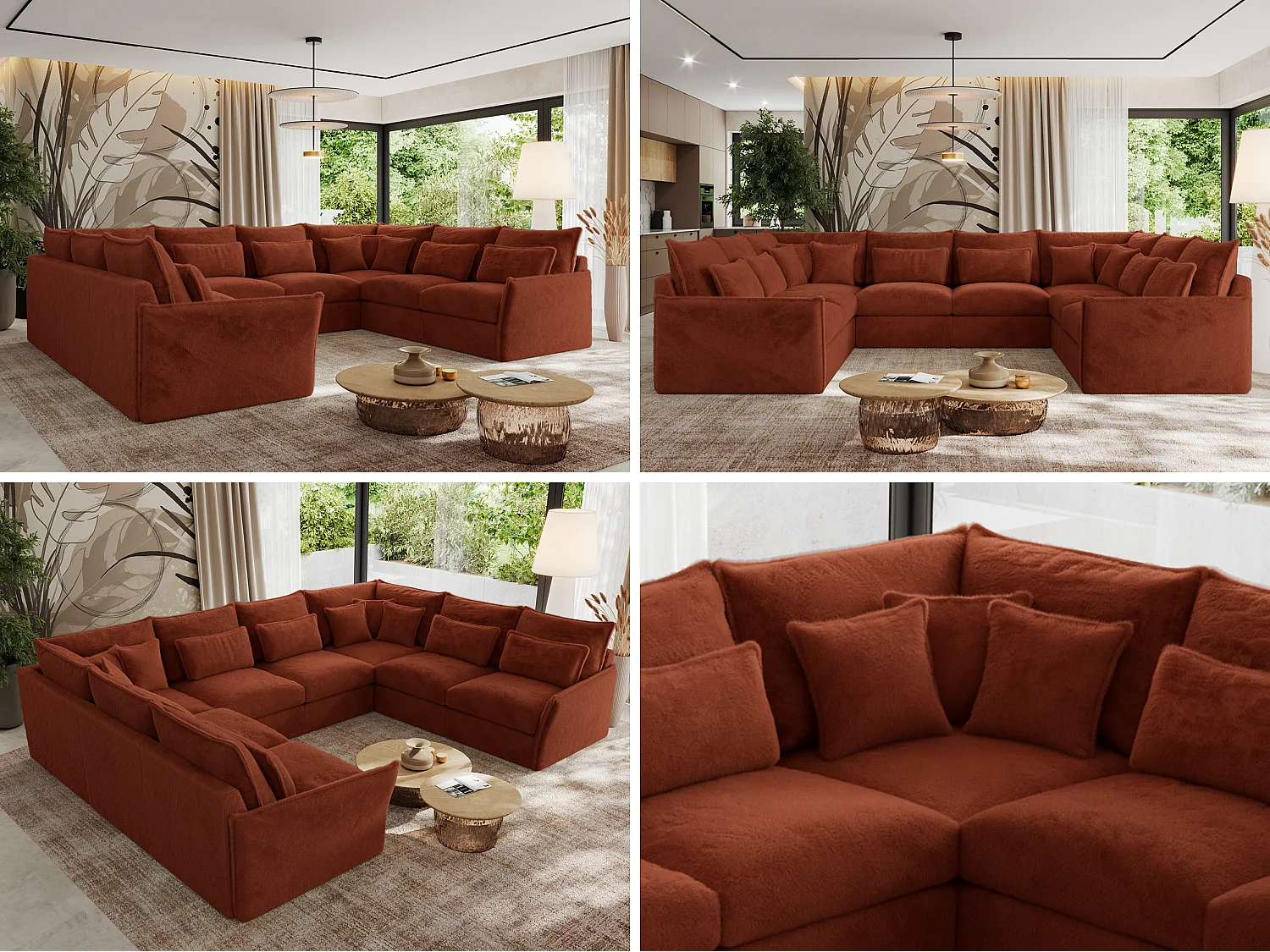 Ecksofa VERSO U8M - modulare U-förmige Ecke mit Armlehnen, Wohnlandschaft, Ecksofa XXL, lose Kissen - Orange Plüsch