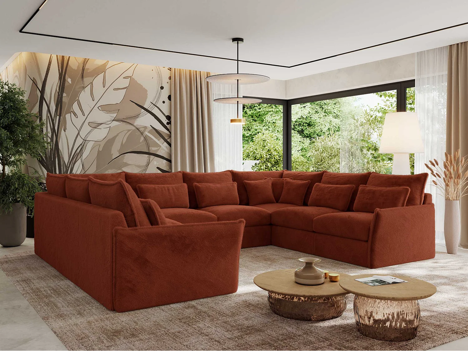 Ecksofa VERSO U8M - modulare U-förmige Ecke mit Armlehnen, Wohnlandschaft, Ecksofa XXL, lose Kissen - Orange Plüsch