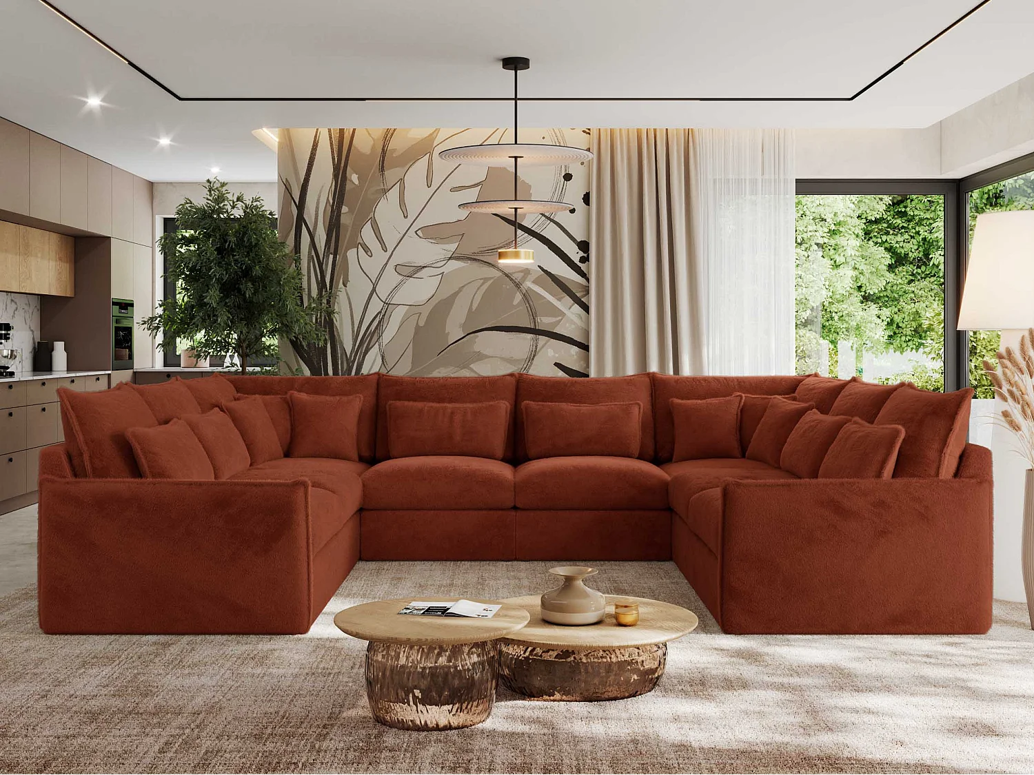 Ecksofa VERSO U8M - modulare U-förmige Ecke mit Armlehnen, Wohnlandschaft, Ecksofa XXL, lose Kissen - Orange Plüsch