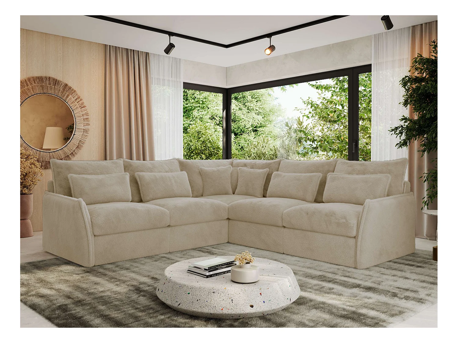 Ecksofa VERSO - modulare L-förmige Ecke, lose Kissen, Wohnlandschaft - Creme Plüsch