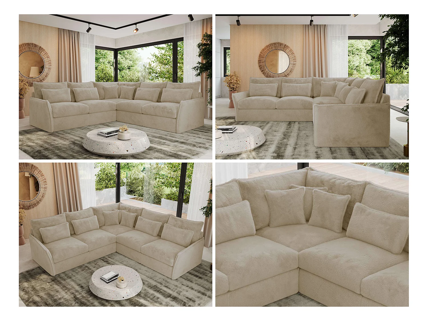 Ecksofa VERSO - modulare L-förmige Ecke, lose Kissen, Wohnlandschaft - Creme Plüsch