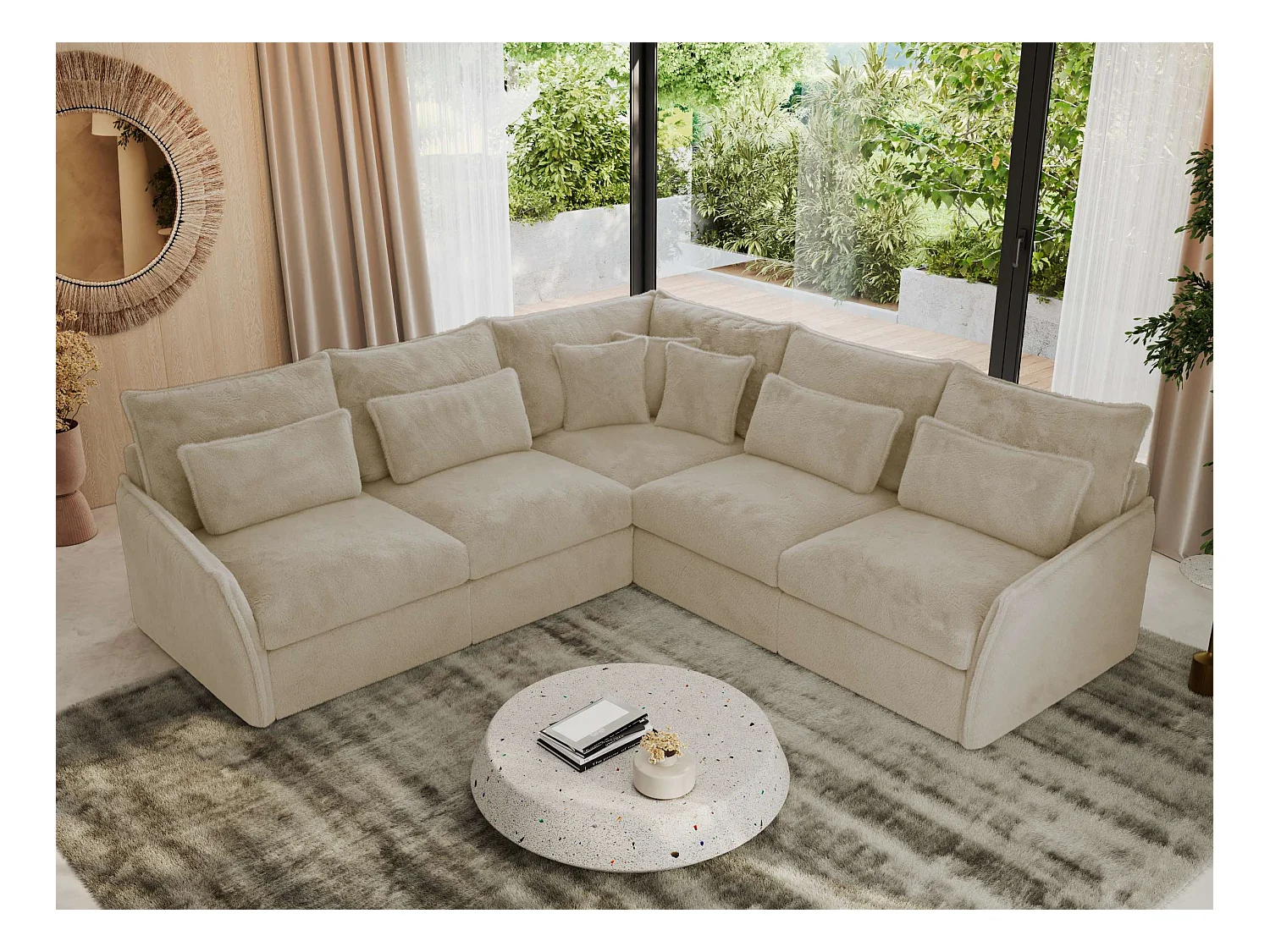 Ecksofa VERSO - modulare L-förmige Ecke, lose Kissen, Wohnlandschaft - Creme Plüsch