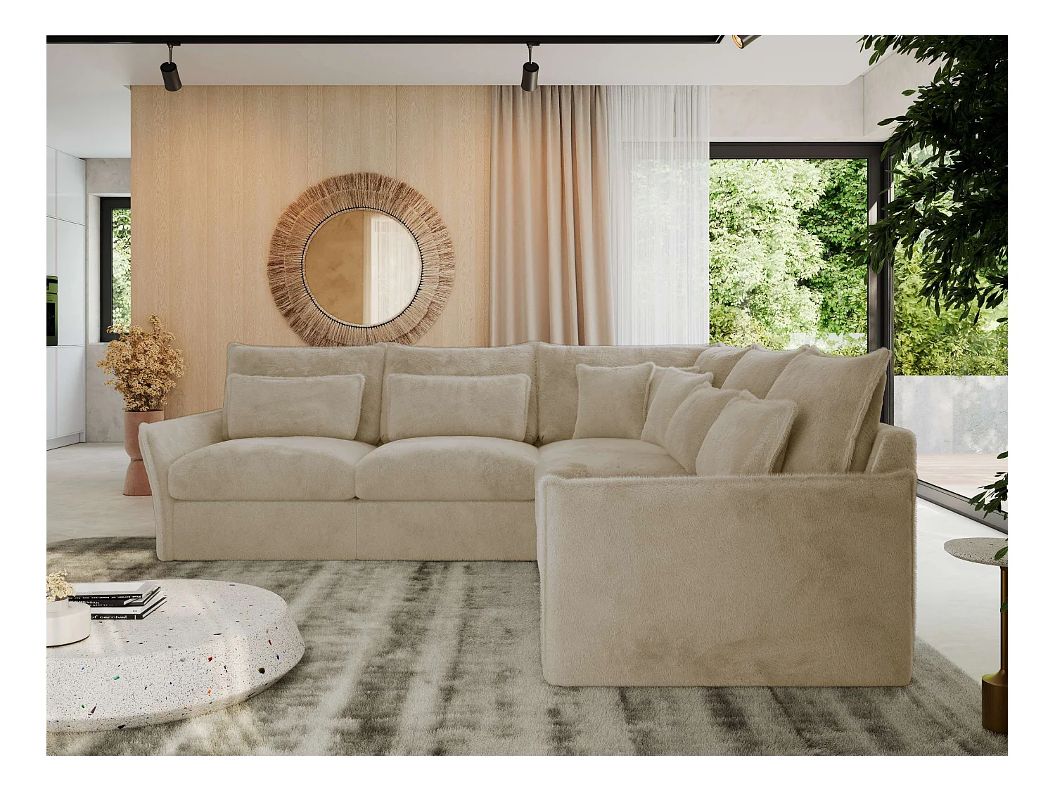 Ecksofa VERSO - modulare L-förmige Ecke, lose Kissen, Wohnlandschaft - Creme Plüsch