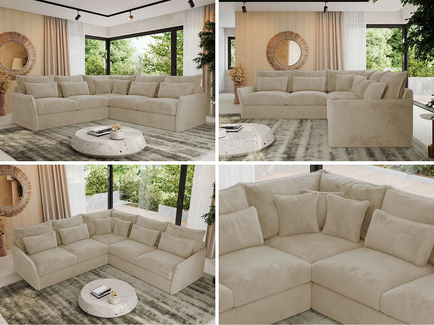 Ecksofa VERSO - modulare L-förmige Ecke, lose Kissen, Wohnlandschaft - Creme Plüsch