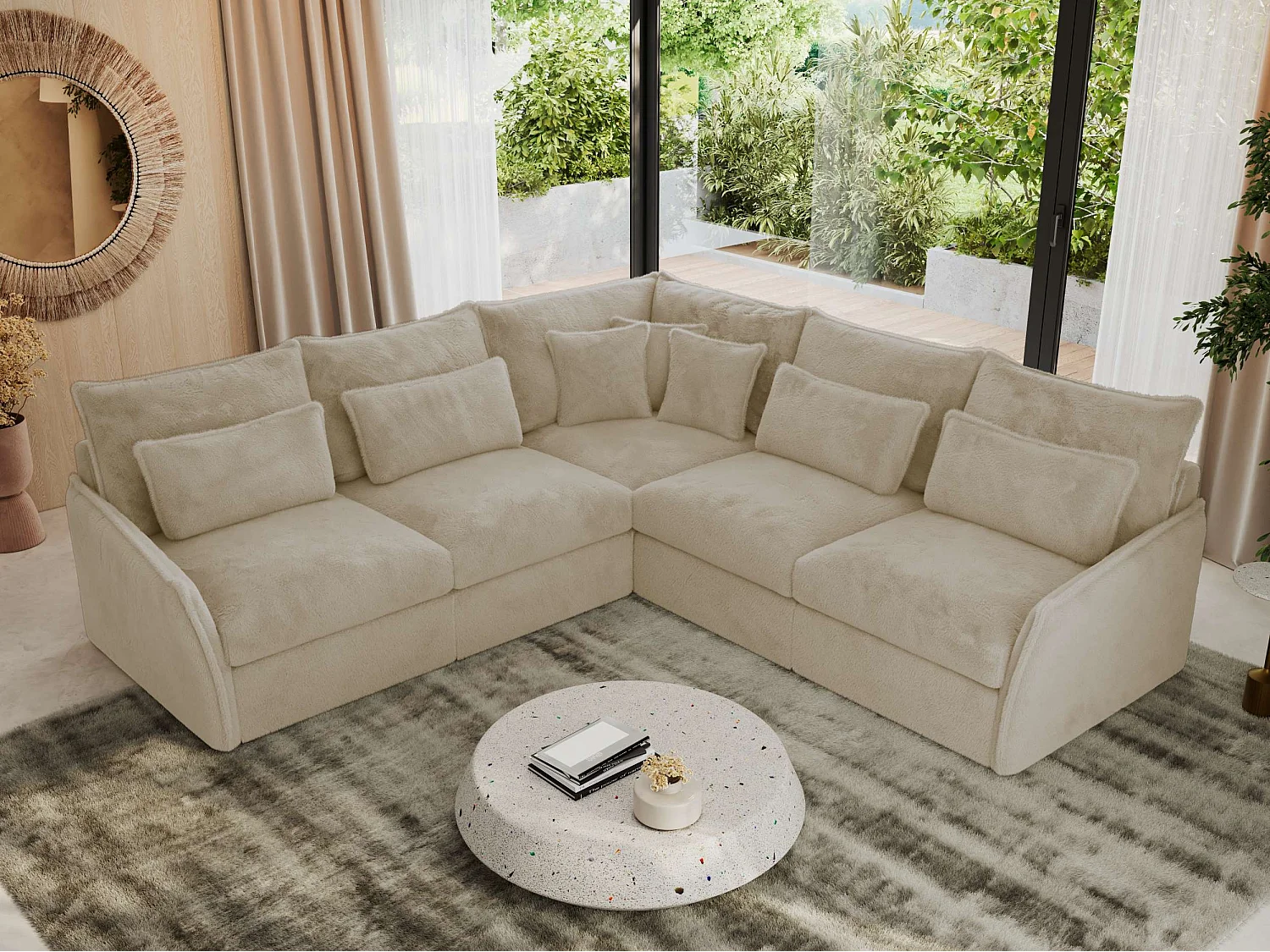 Ecksofa VERSO - modulare L-förmige Ecke, lose Kissen, Wohnlandschaft - Creme Plüsch