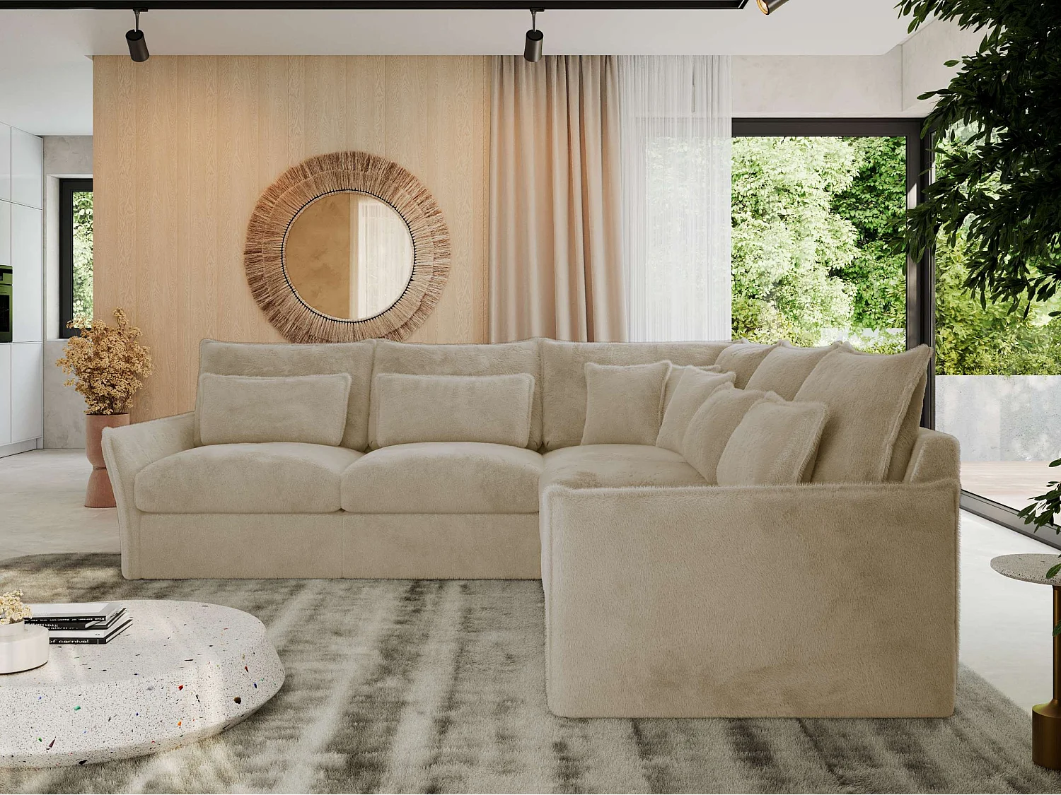 Ecksofa VERSO - modulare L-förmige Ecke, lose Kissen, Wohnlandschaft - Creme Plüsch