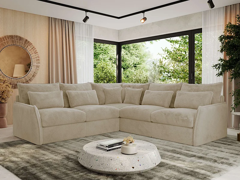 Ecksofa VERSO - modulare L-förmige Ecke, lose Kissen, Wohnlandschaft - Creme Plüsch