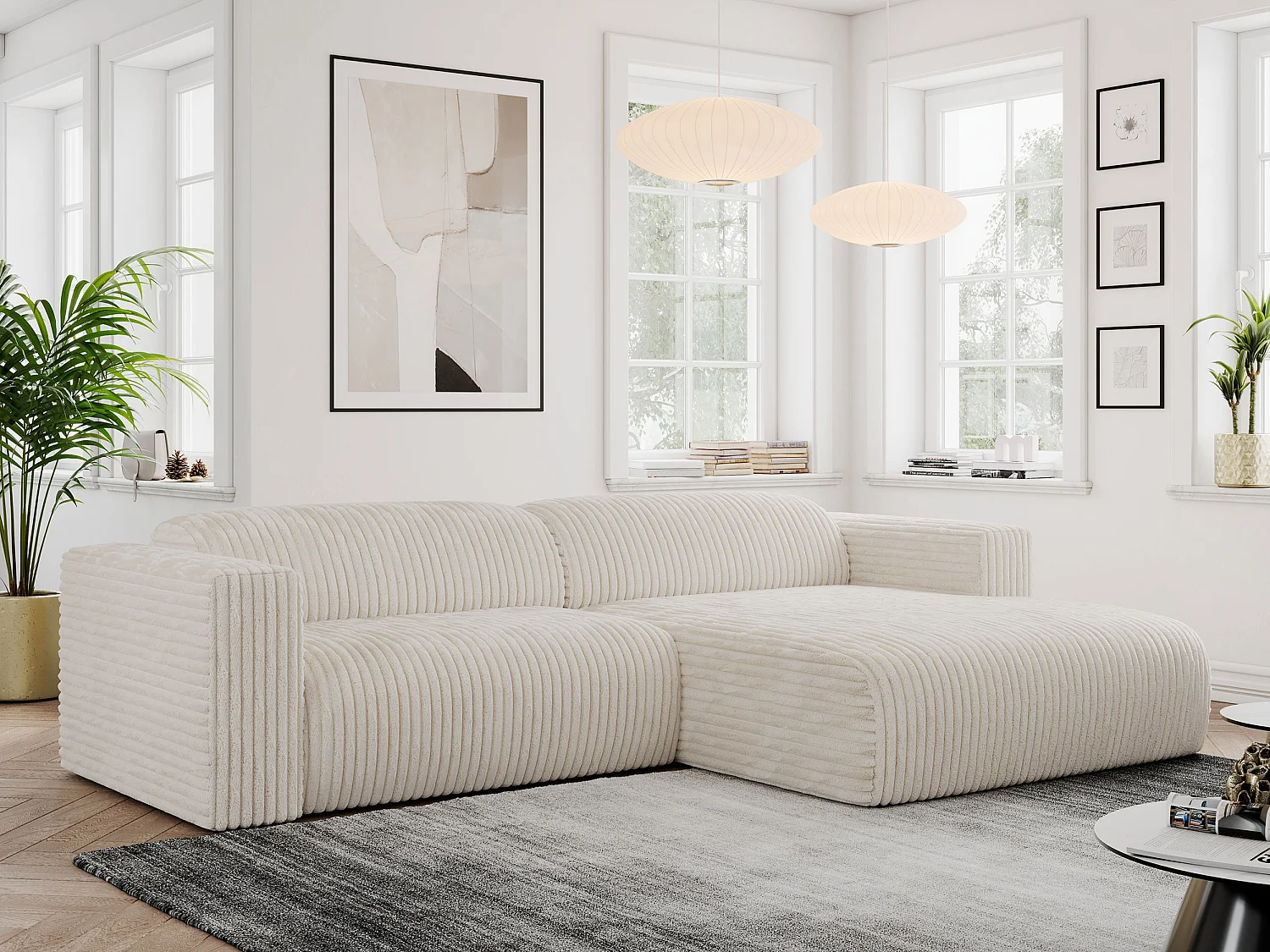 Ecksofa PASADENA - mit Armlehnen, Wohnlandschaft, freistehendes Sofa, große Ecke - Beige Cord - Ecke Rechts