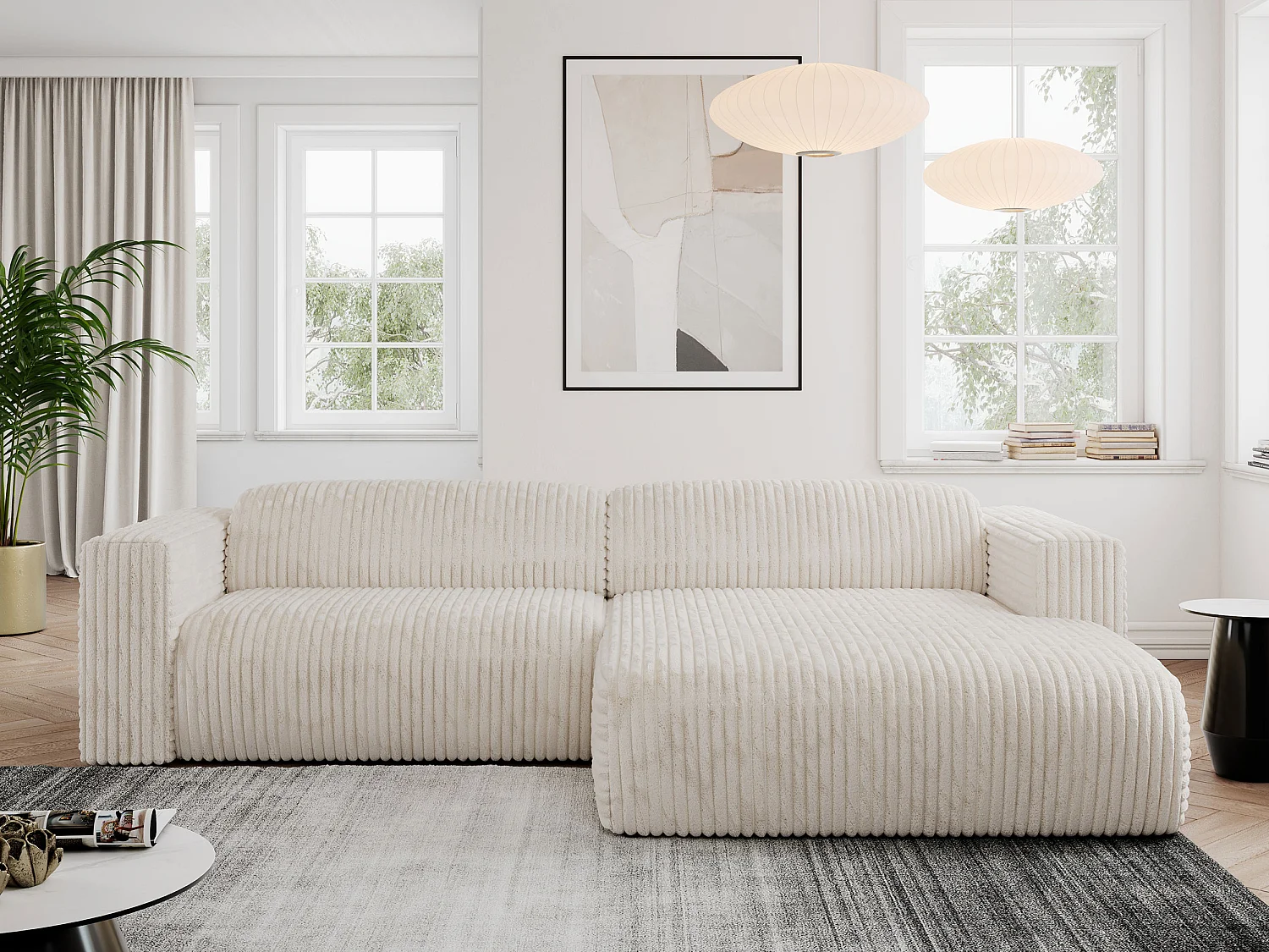 Ecksofa PASADENA - mit Armlehnen, Wohnlandschaft, freistehendes Sofa, große Ecke - Beige Cord - Ecke Rechts
