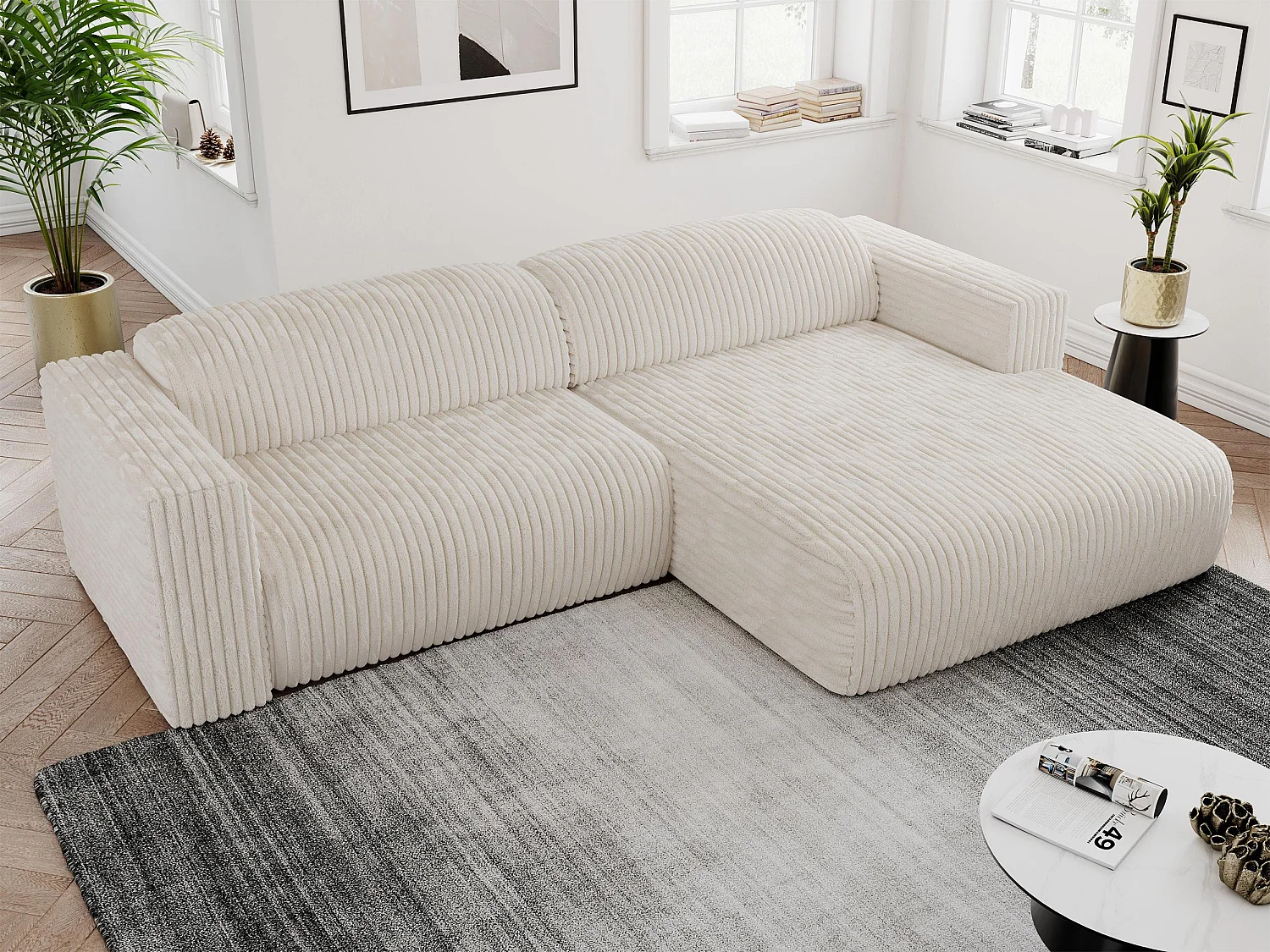 Ecksofa PASADENA - mit Armlehnen, Wohnlandschaft, freistehendes Sofa, große Ecke - Beige Cord - Ecke Rechts