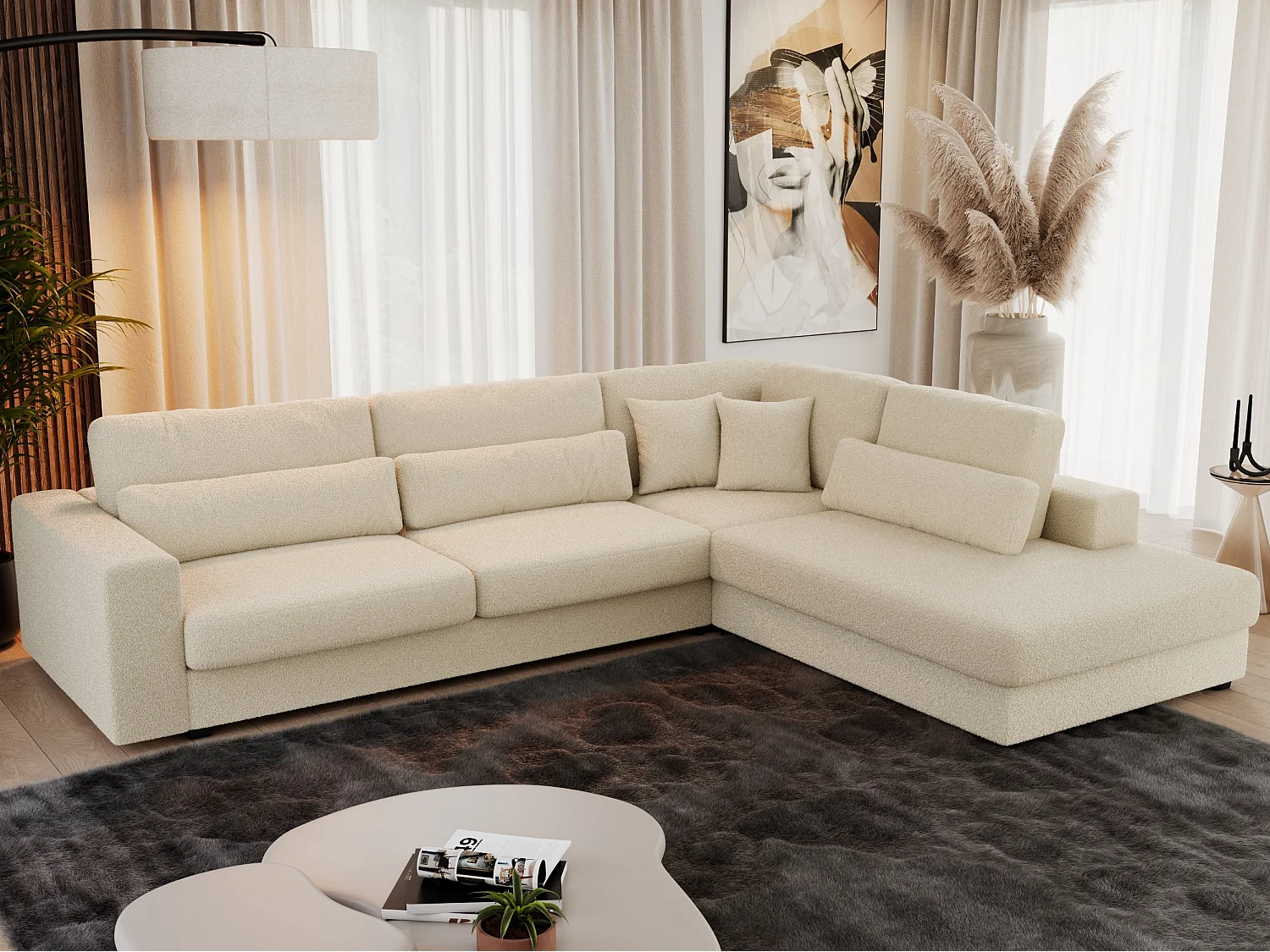 Ecksofa SAVONA - mit Armlehnen, lose Kissen, große L-förmige Ecke, Wohnlandschaft - Beige Boucle - Ecke Rechts