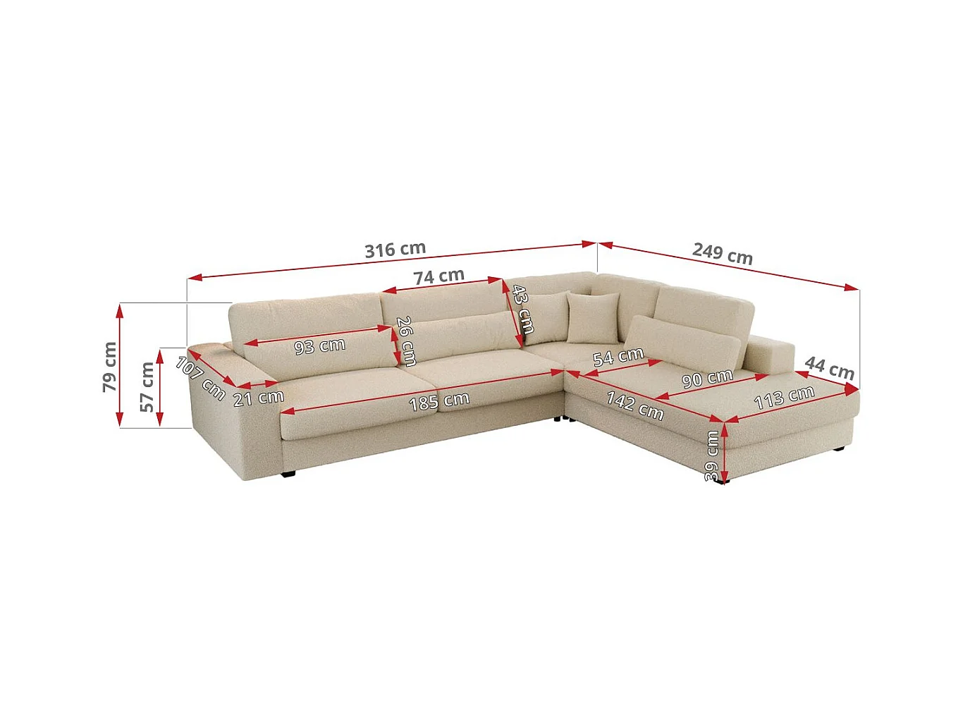 Ecksofa SAVONA - mit Armlehnen, lose Kissen, große L-förmige Ecke, Wohnlandschaft - Beige Boucle - Ecke Rechts