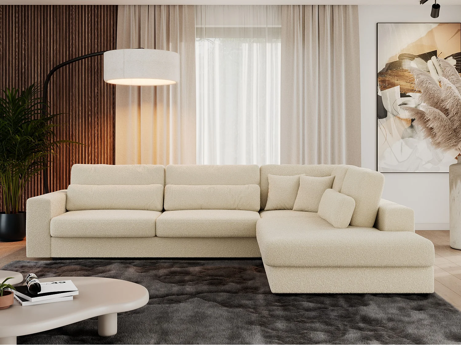 Ecksofa SAVONA - mit Armlehnen, lose Kissen, große L-förmige Ecke, Wohnlandschaft - Beige Boucle - Ecke Rechts