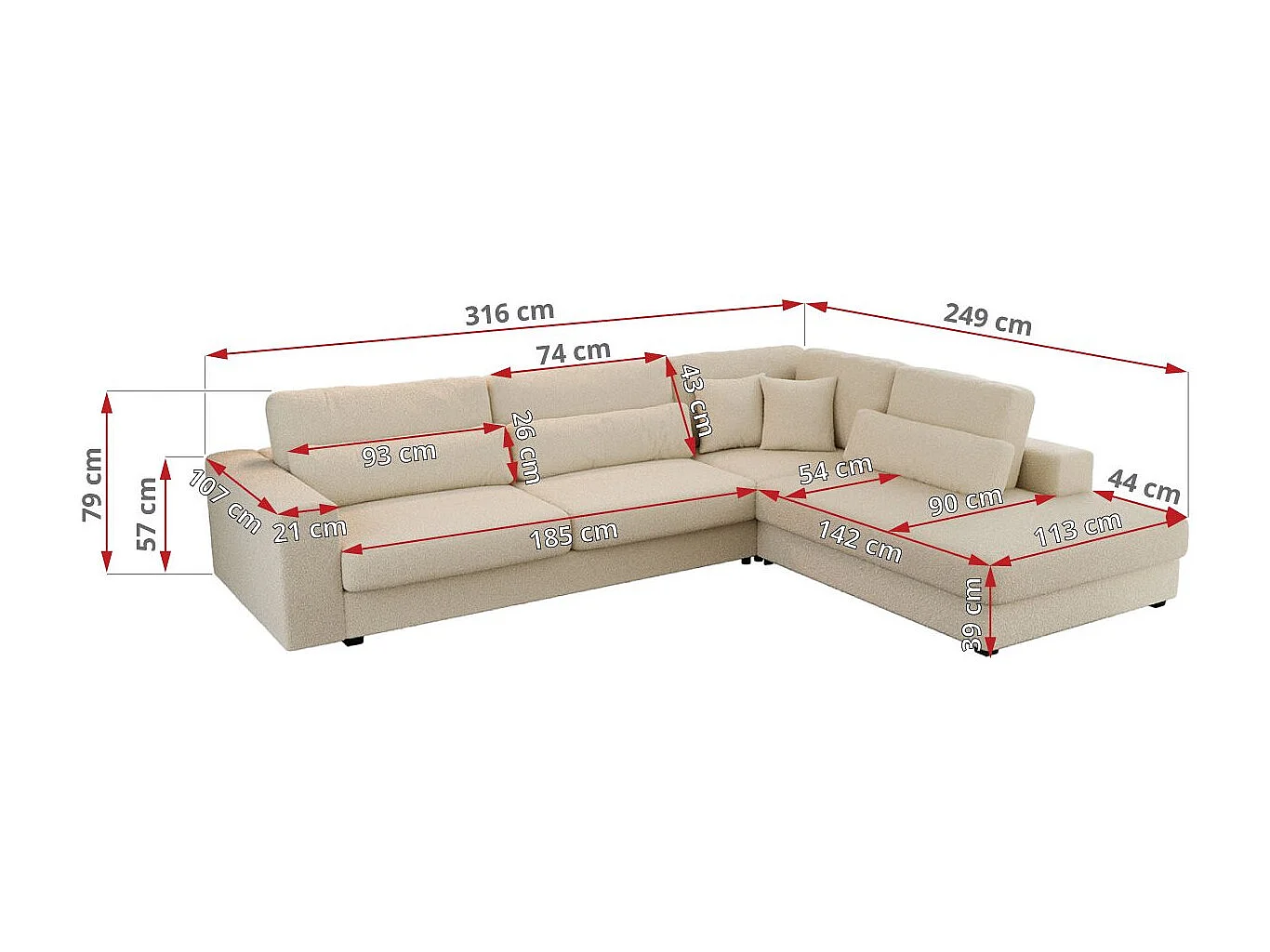 Ecksofa SAVONA - mit Armlehnen, lose Kissen, große L-förmige Ecke, Wohnlandschaft - Beige Boucle - Ecke Rechts