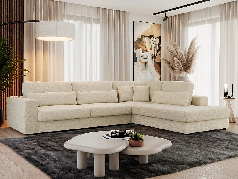 Ecksofa SAVONA - mit Armlehnen, lose Kissen, große L-förmige Ecke, Wohnlandschaft - Beige Boucle - Ecke Rechts