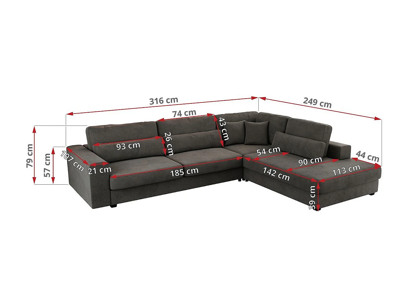 Ecksofa SAVONA - mit Armlehnen, lose Kissen, große L-förmige Ecke, Wohnlandschaft - Dunkelgrau Velvet - Ecke Links