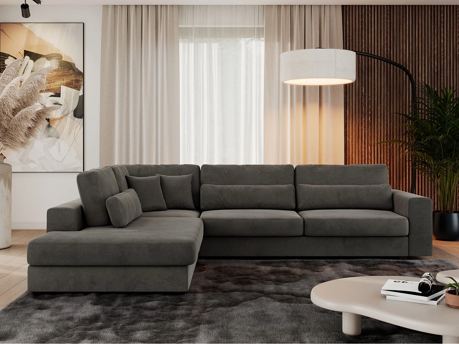 Ecksofa SAVONA - mit Armlehnen, lose Kissen, große L-förmige Ecke, Wohnlandschaft - Dunkelgrau Velvet - Ecke Links