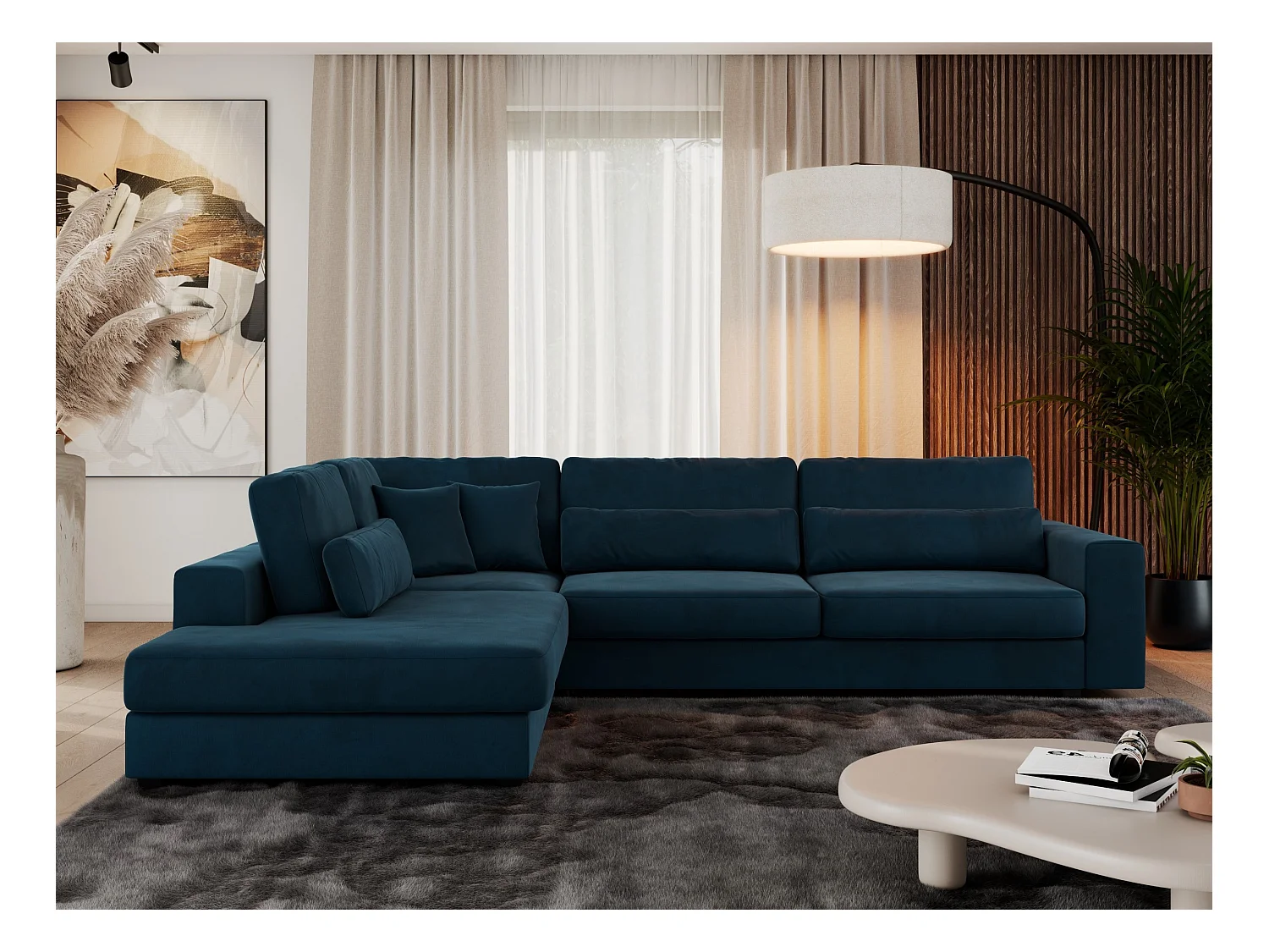Ecksofa SAVONA - mit Armlehnen, lose Kissen, große L-förmige Ecke, Wohnlandschaft - Dunkelblau Velvet - Ecke Links