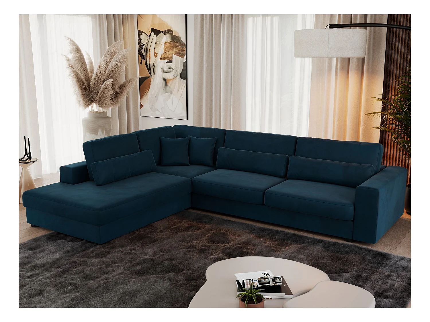 Ecksofa SAVONA - mit Armlehnen, lose Kissen, große L-förmige Ecke, Wohnlandschaft - Dunkelblau Velvet - Ecke Links