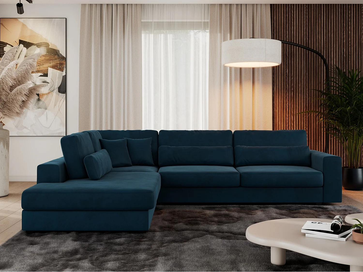 Ecksofa SAVONA - mit Armlehnen, lose Kissen, große L-förmige Ecke, Wohnlandschaft - Dunkelblau Velvet - Ecke Links