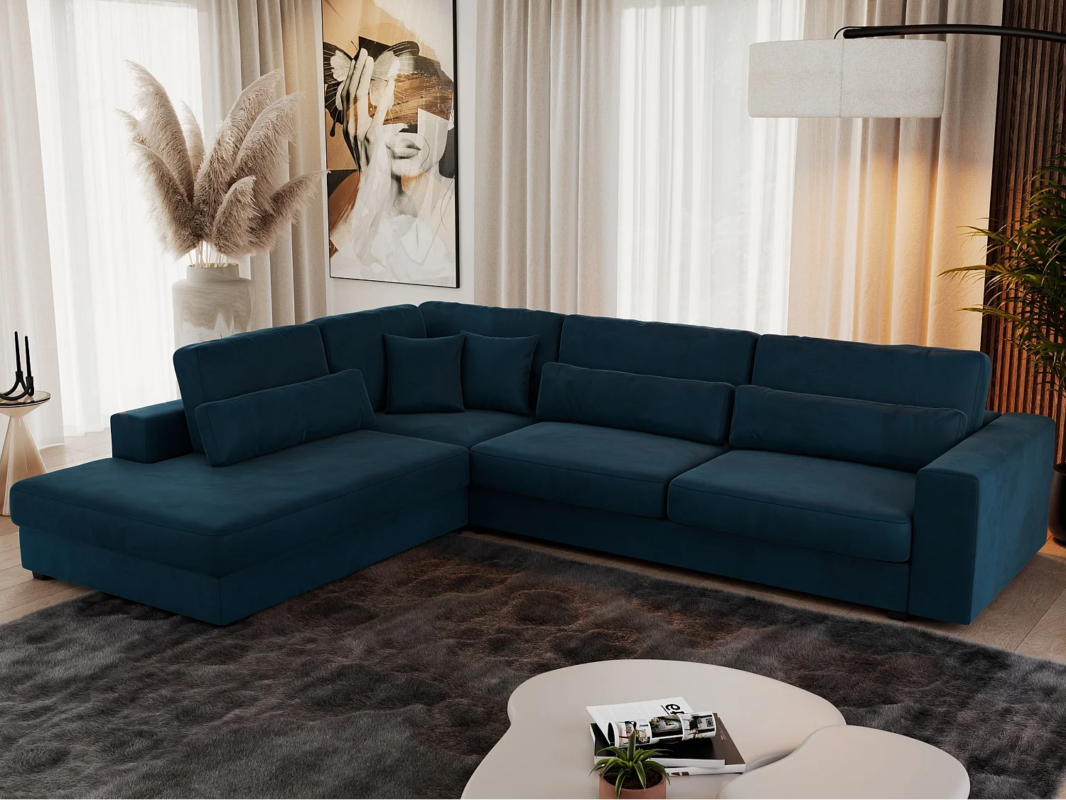 Ecksofa SAVONA - mit Armlehnen, lose Kissen, große L-förmige Ecke, Wohnlandschaft - Dunkelblau Velvet - Ecke Links