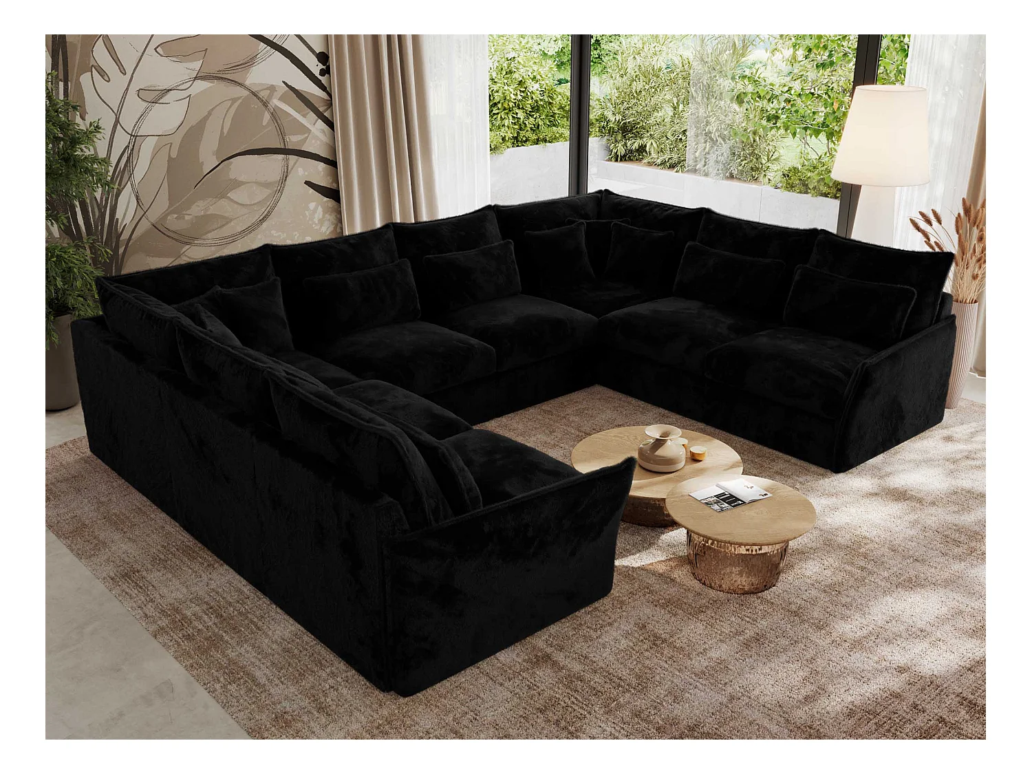Ecksofa VERSO U8M - modulare U-förmige Ecke mit Armlehnen, Wohnlandschaft, Ecksofa XXL, lose Kissen - Schwarz Plüsch