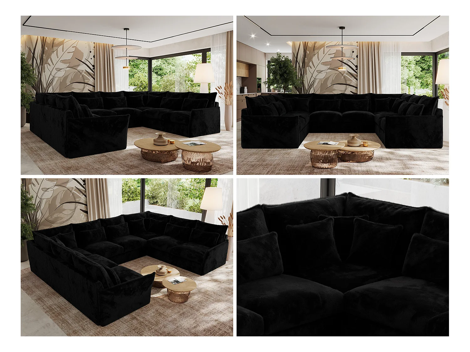 Ecksofa VERSO U8M - modulare U-förmige Ecke mit Armlehnen, Wohnlandschaft, Ecksofa XXL, lose Kissen - Schwarz Plüsch