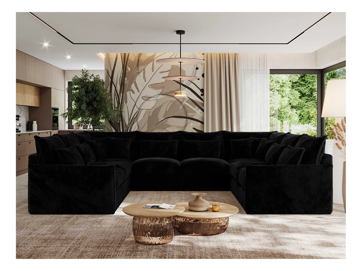Ecksofa VERSO U8M - modulare U-förmige Ecke mit Armlehnen, Wohnlandschaft, Ecksofa XXL, lose Kissen - Schwarz Plüsch