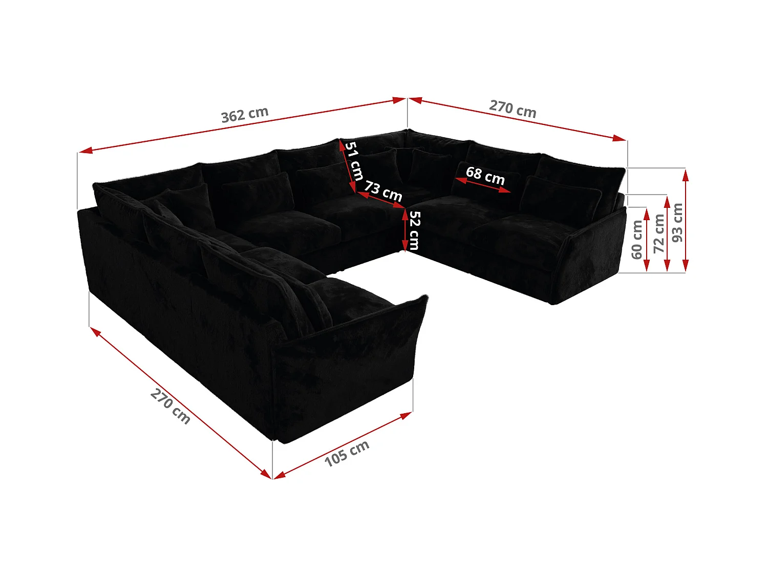 Ecksofa VERSO U8M - modulare U-förmige Ecke mit Armlehnen, Wohnlandschaft, Ecksofa XXL, lose Kissen - Schwarz Plüsch