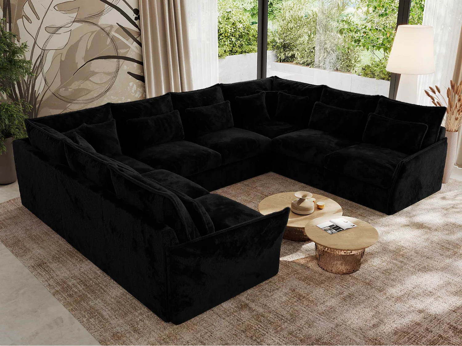 Ecksofa VERSO U8M - modulare U-förmige Ecke mit Armlehnen, Wohnlandschaft, Ecksofa XXL, lose Kissen - Schwarz Plüsch