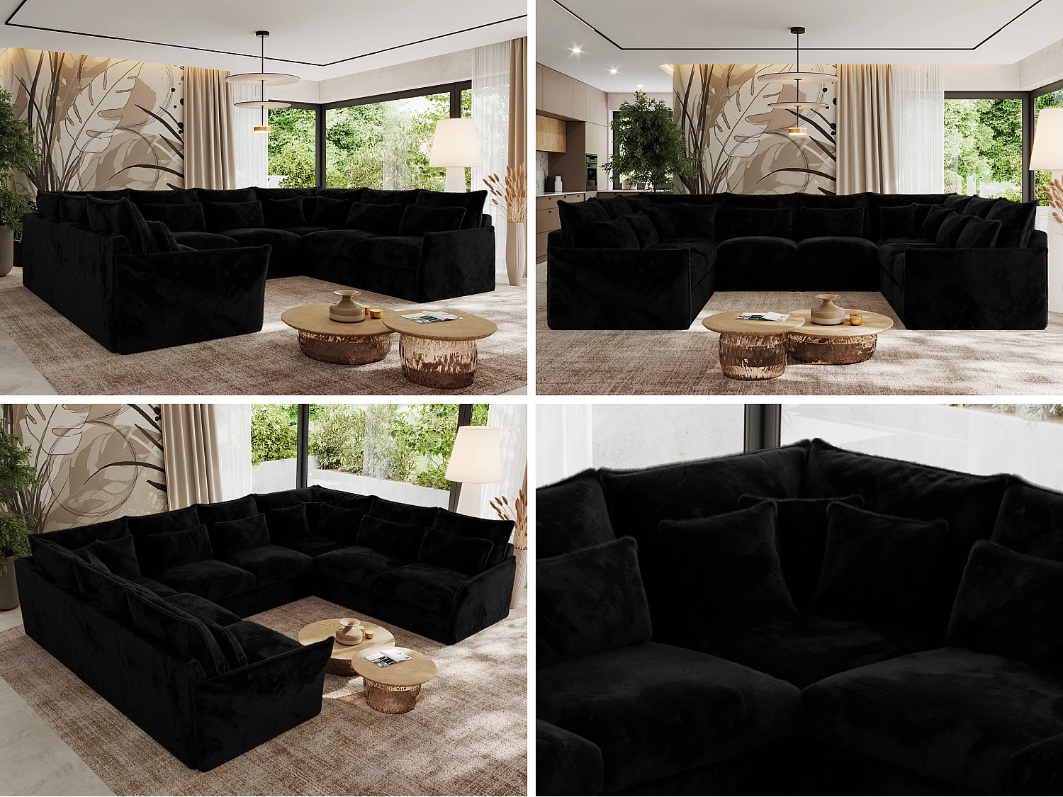 Ecksofa VERSO U8M - modulare U-förmige Ecke mit Armlehnen, Wohnlandschaft, Ecksofa XXL, lose Kissen - Schwarz Plüsch