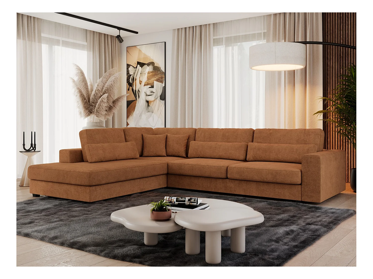 Ecksofa SAVONA - mit Armlehnen, lose Kissen, große L-förmige Ecke, Wohnlandschaft - Orange Strukture - Ecke Links